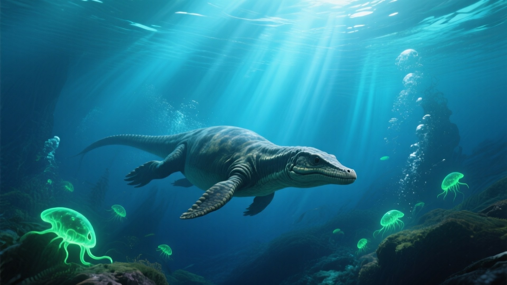 Deep Sea Giant 壁紙 — 一隻史前海洋爬行動物在陽光照射的碧綠海水中滑行，周圍是發光的綠色水母和岩石海底。