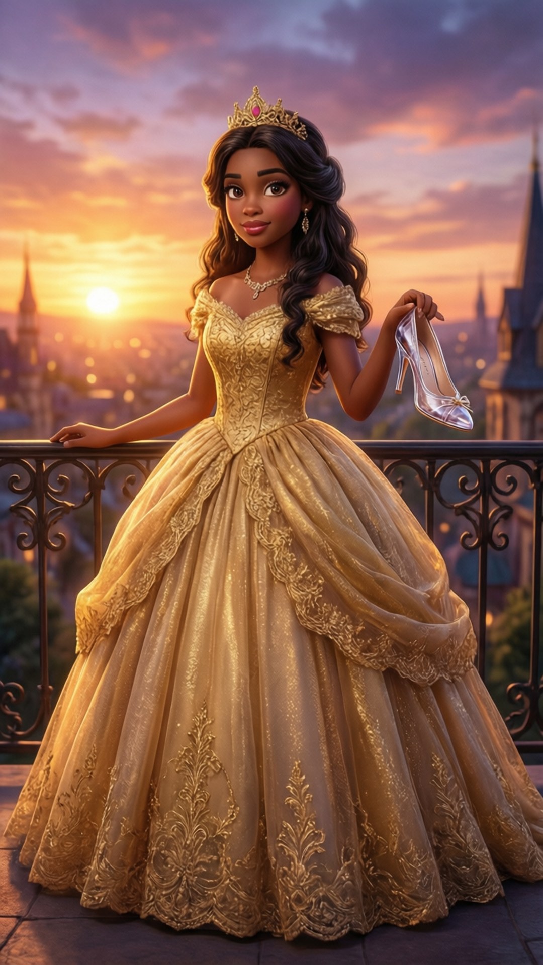 Princess at Sunset 壁紙 — 一位身穿金色長袍、頭戴王冠的公主站在陽台上，手持玻璃鞋，夕陽映照著城市天際線。