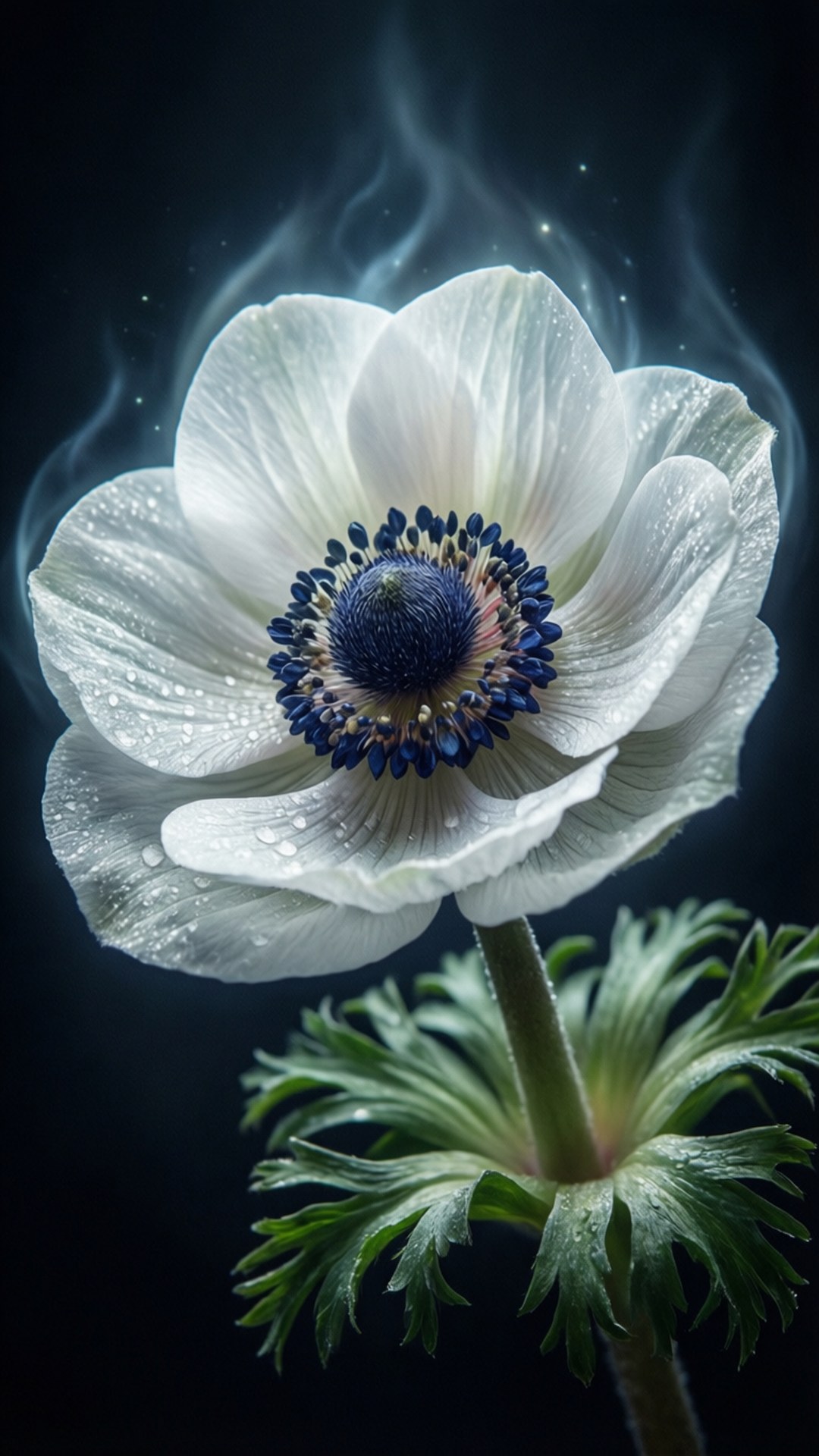 White Anemone Ethereal Glow 壁紙 — 一朵純淨的白色銀蓮花，帶有露珠和深藍色花心，在黑暗背景中綻放，伴隨著飄渺的煙霧漩渦。