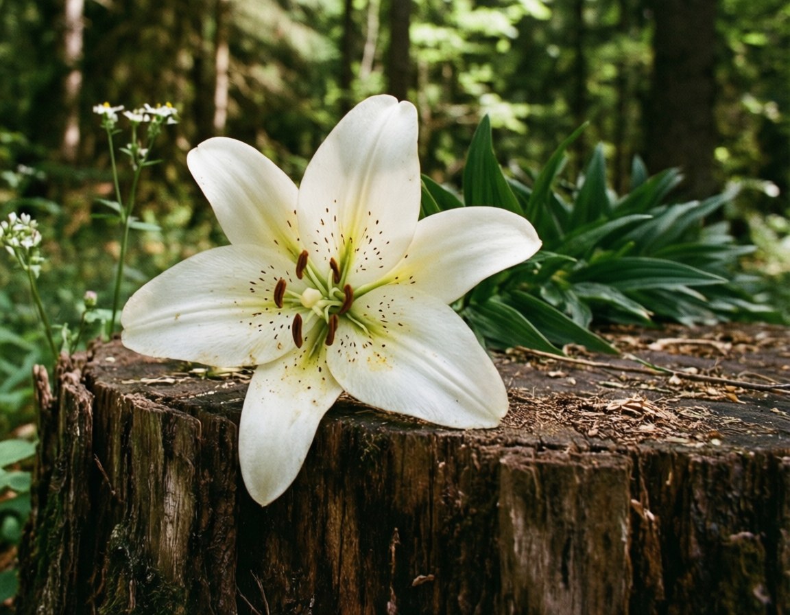 Woodland Lily Pose 壁紙 — 一朵純潔的白百合，帶有斑點的花蕊，優雅地棲息在陽光斑駁的森林中一個風化的樹樁上。