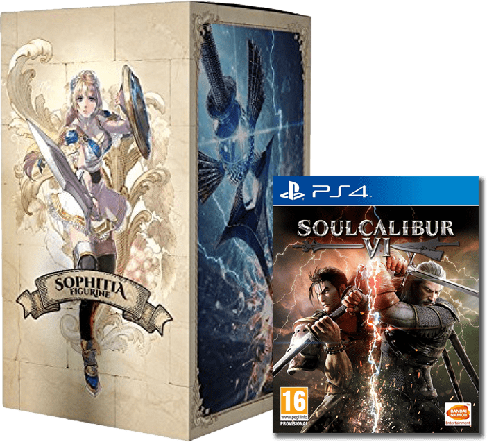 電玩遊戲 桌布 壁紙 — PS4 Soulcalibur VI 遊戲盒旁邊是一個Sophitia人偶珍藏版，帶有華麗包裝和奇幻藝術品。