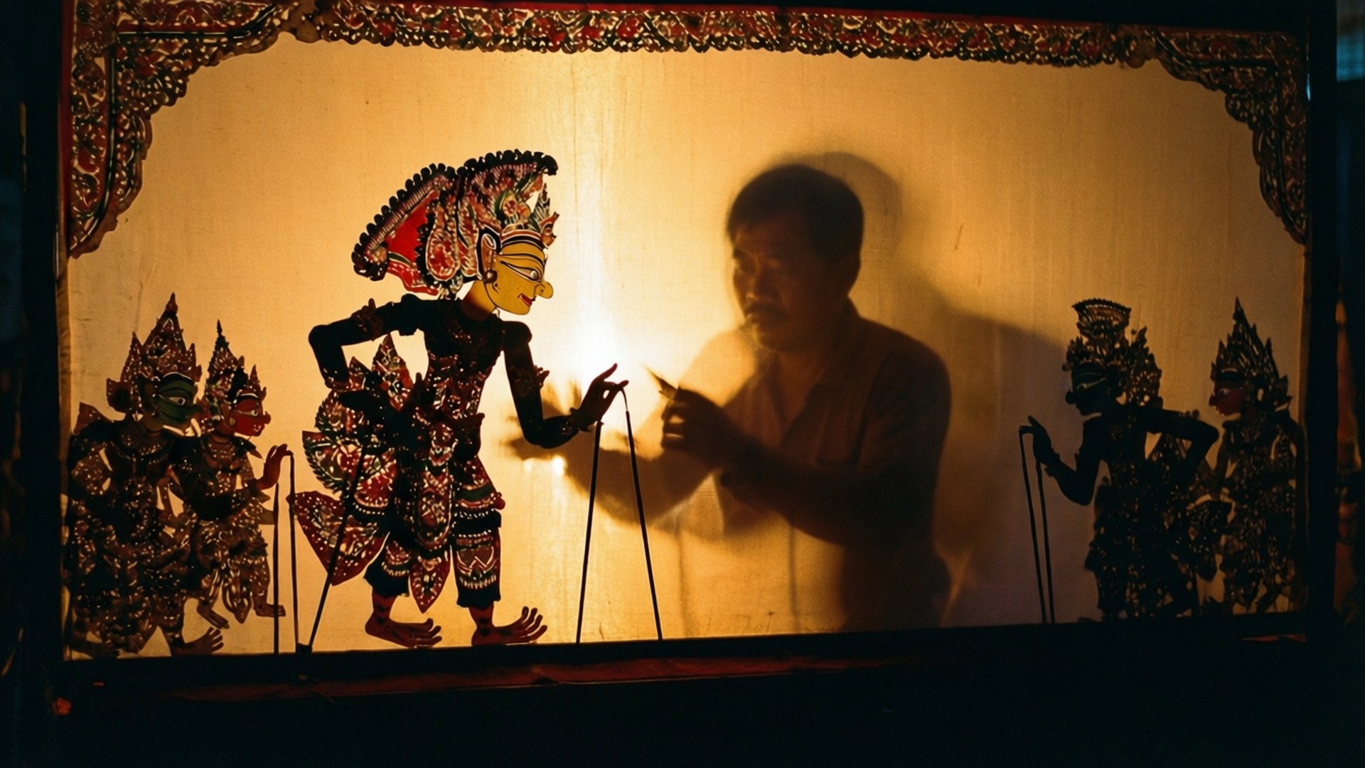 Wayang Kulit Puppet Show 壁紙 — 一位操偶師在昏暗的劇院中，在發光的螢幕上操縱華麗的傳統皮影戲偶。