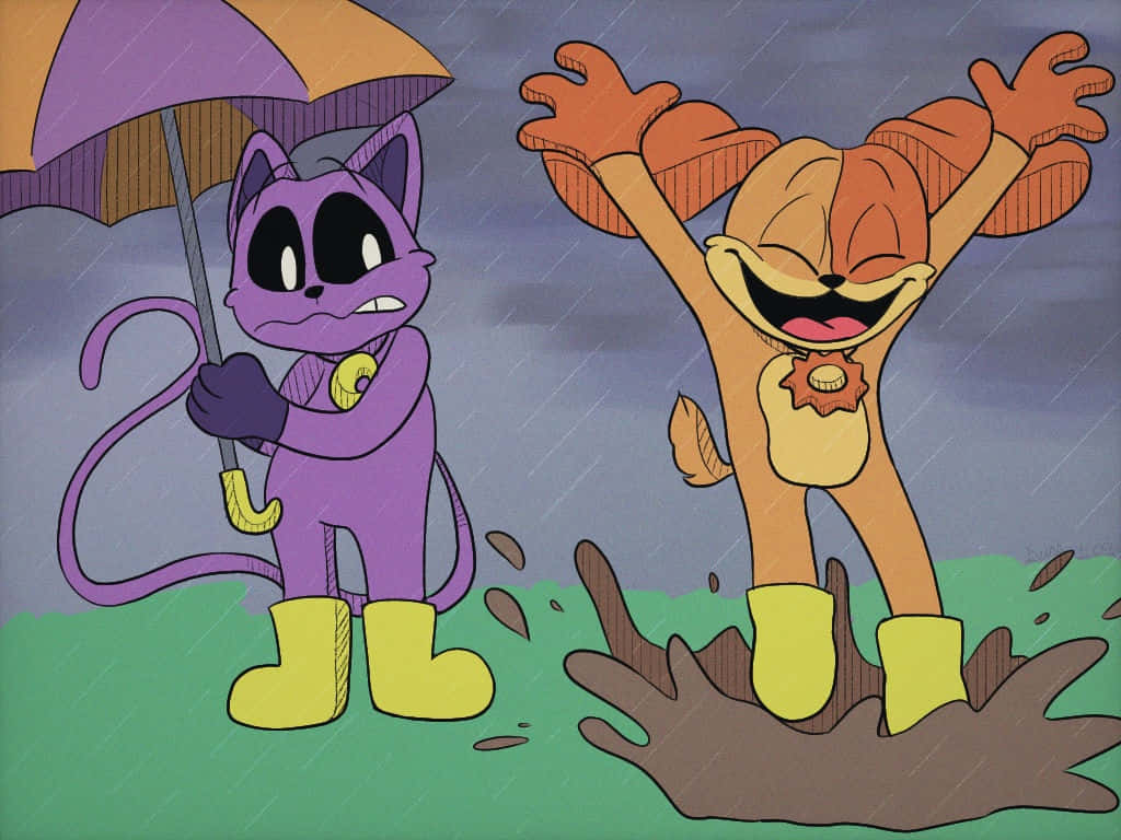  壁紙 — 一隻紫色貓咪撐著雨傘，而一隻快樂的橙色狗在雨天泥濘中嬉戲濺水。