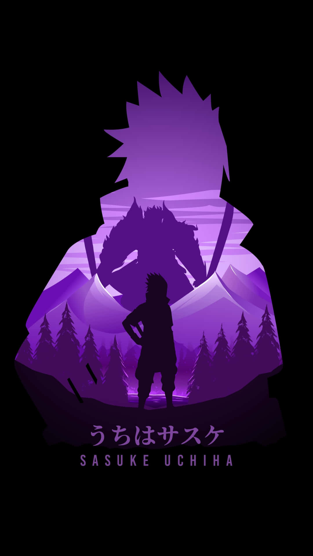  壁紙 — 紫色的宇智波佐助剪影站在山林背景前，下方有他的日文和英文名字。