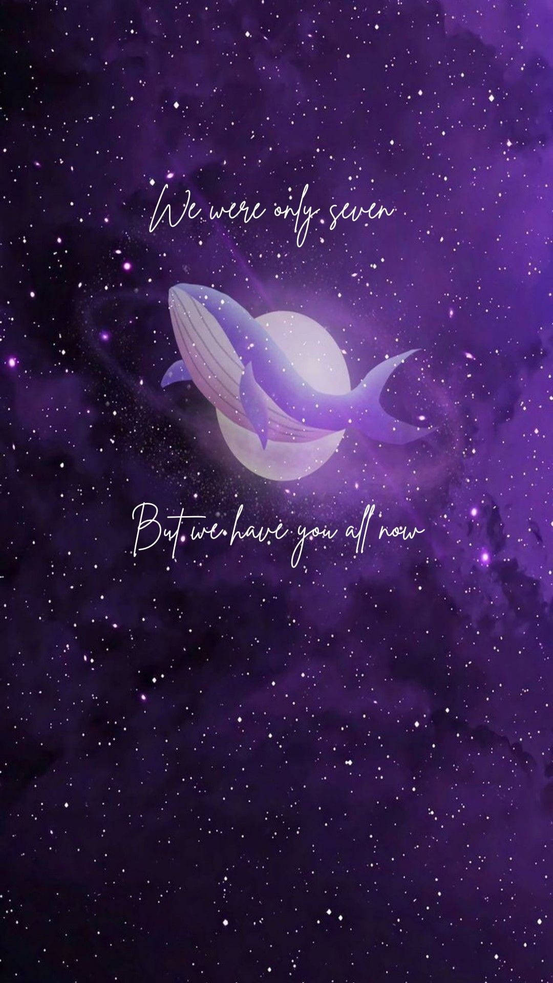 一條紫色鯨魚在星空下游泳，帶有詩意的文字。 — Bts 壁紙