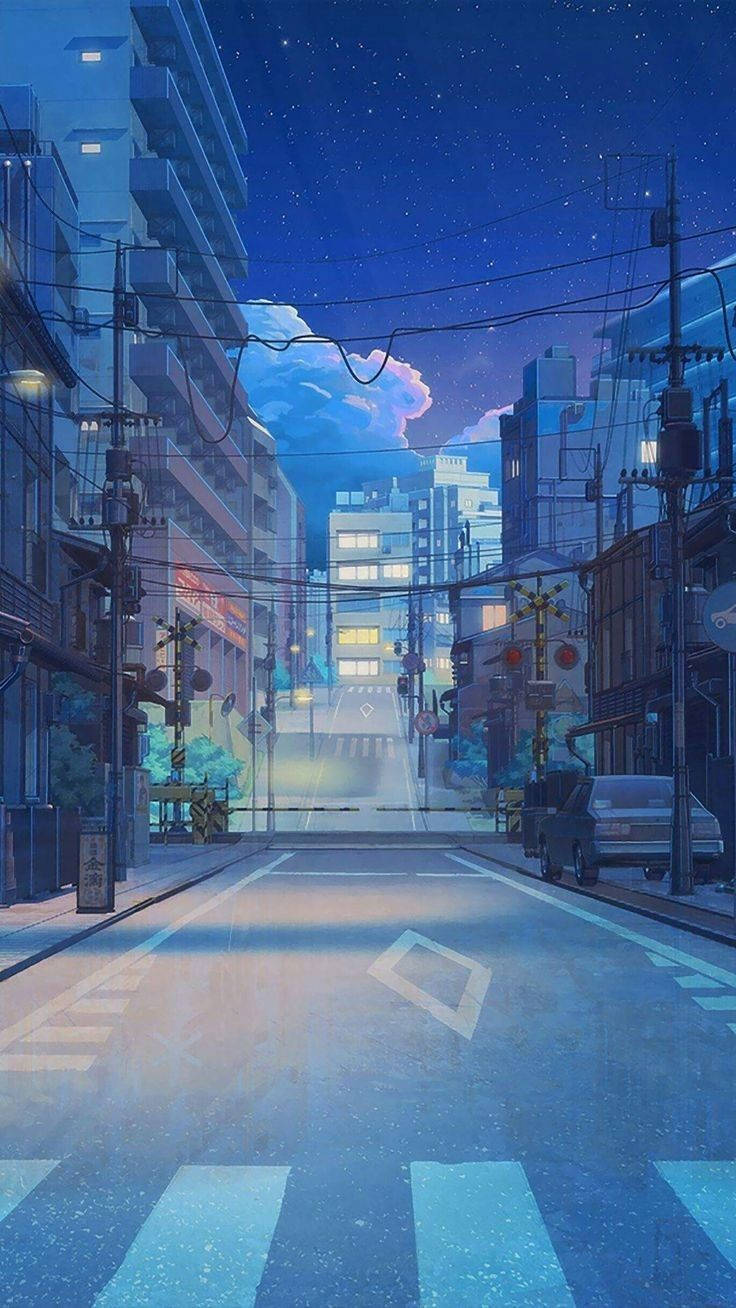 一個寧靜的動畫城市街道夜景，閃爍的燈光和星空。