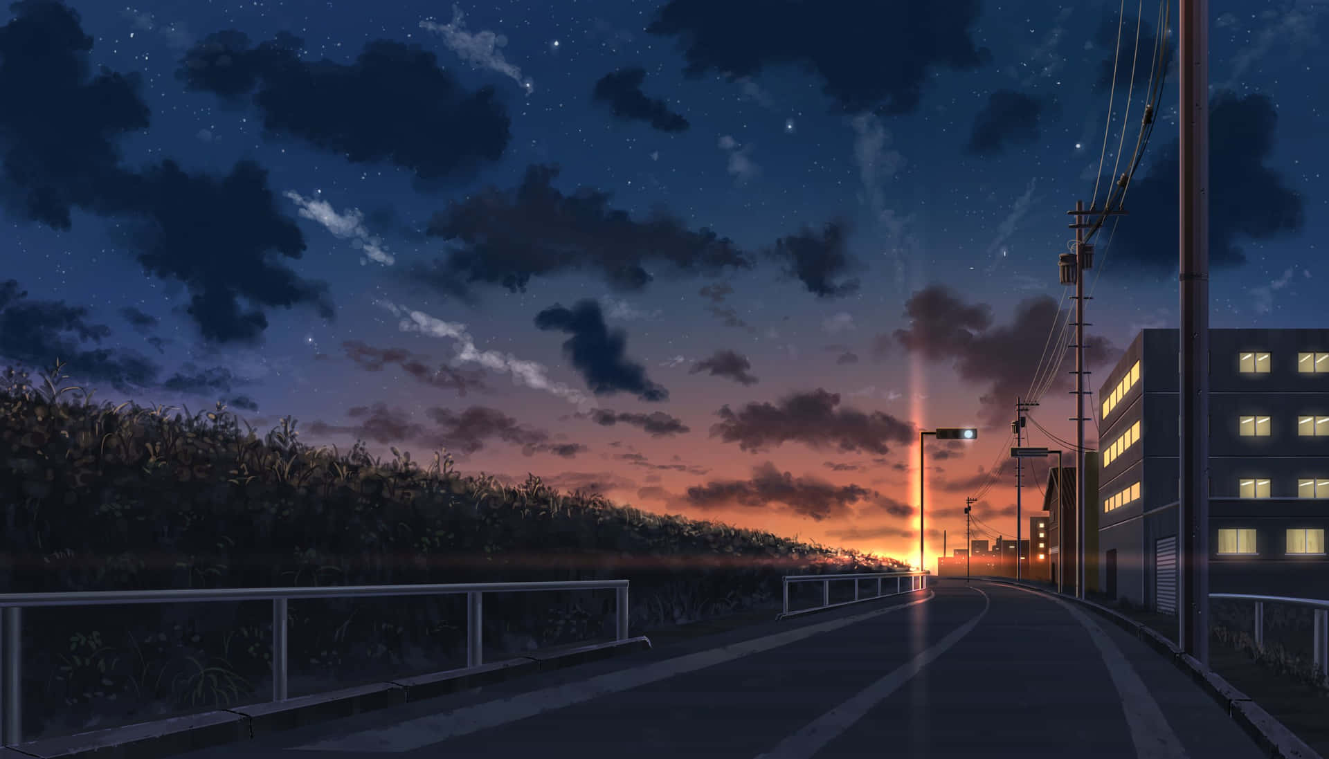  壁紙 — 黃昏時分一條寧靜的動漫風格街道，星星在玉米田上方浮現，建築物窗戶閃爍著光芒。