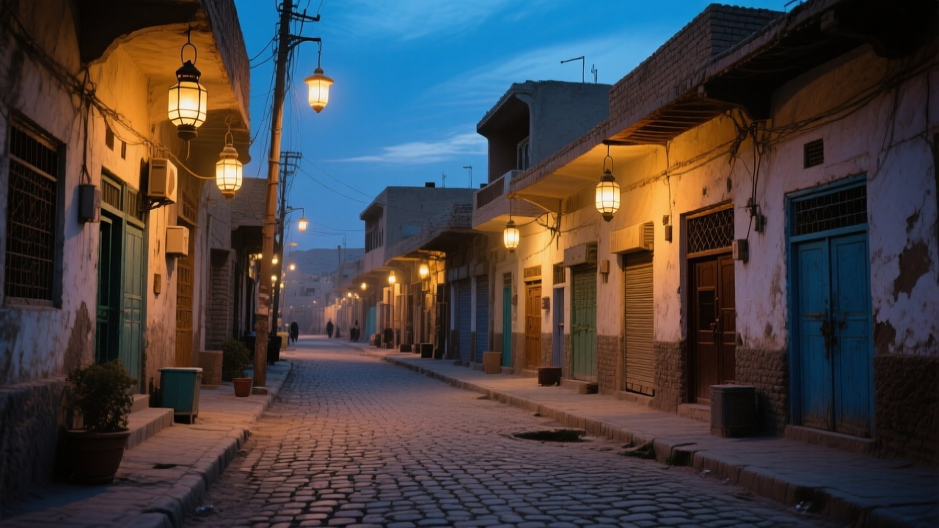 Mosul Old Town Evening 壁紙 — 黃昏時分一條安靜的鵝卵石街道，溫暖的燈籠在漸暗的藍天和風化的建築物映襯下閃爍。