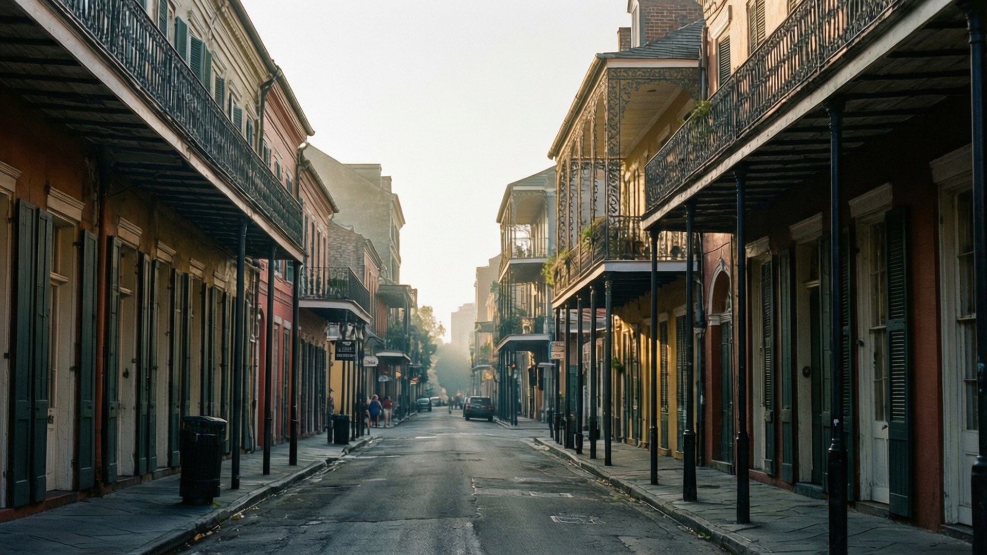 Morning Stroll in the Quarter 壁紙 — 一條寧靜的歷史街道，兩旁是色彩繽紛的建築，帶有鍛鐵陽台，沐浴在柔和的晨光中。