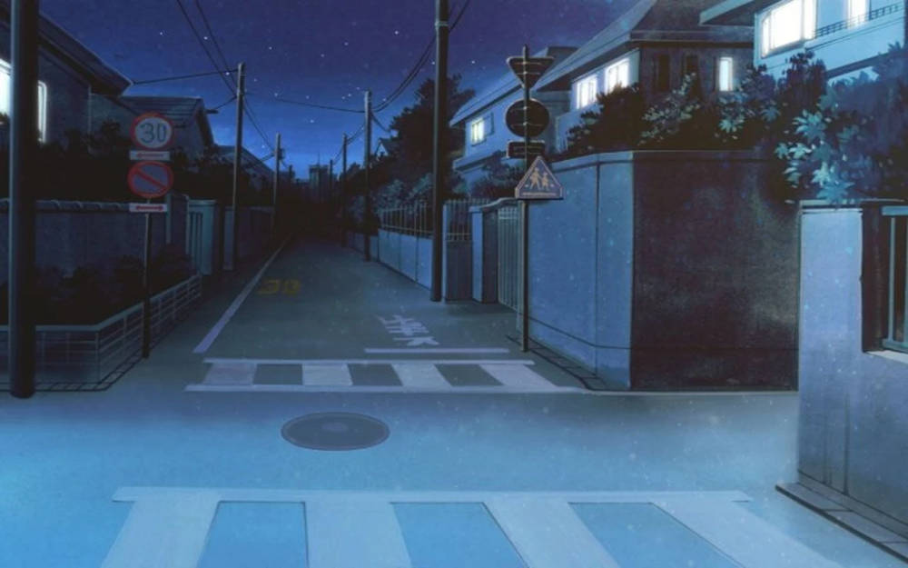 夜晚街道場景，燈火通明的房屋與星空。 — 動漫城市 壁紙