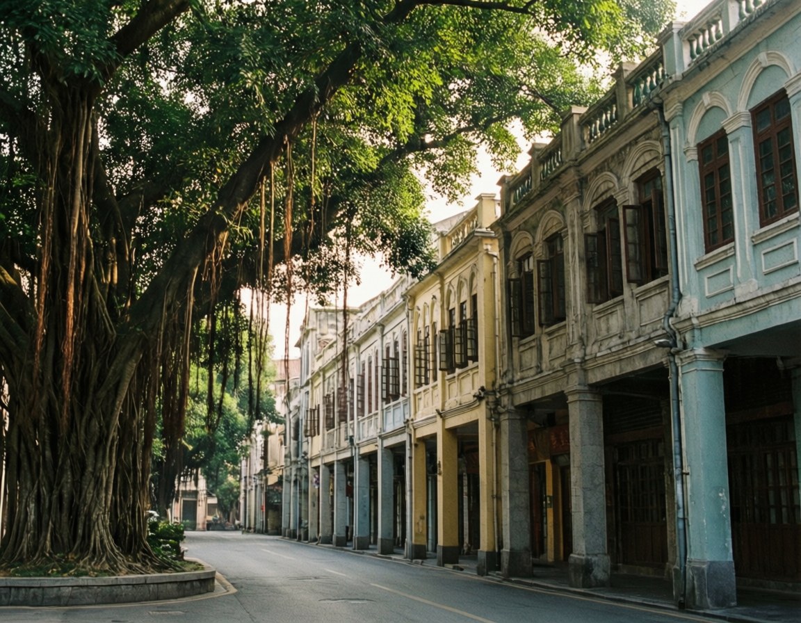 Shamian Island Stroll 壁紙 — 一條寧靜的街道，兩旁是殖民風格的建築和巨大的榕樹，投下斑駁的樹蔭。