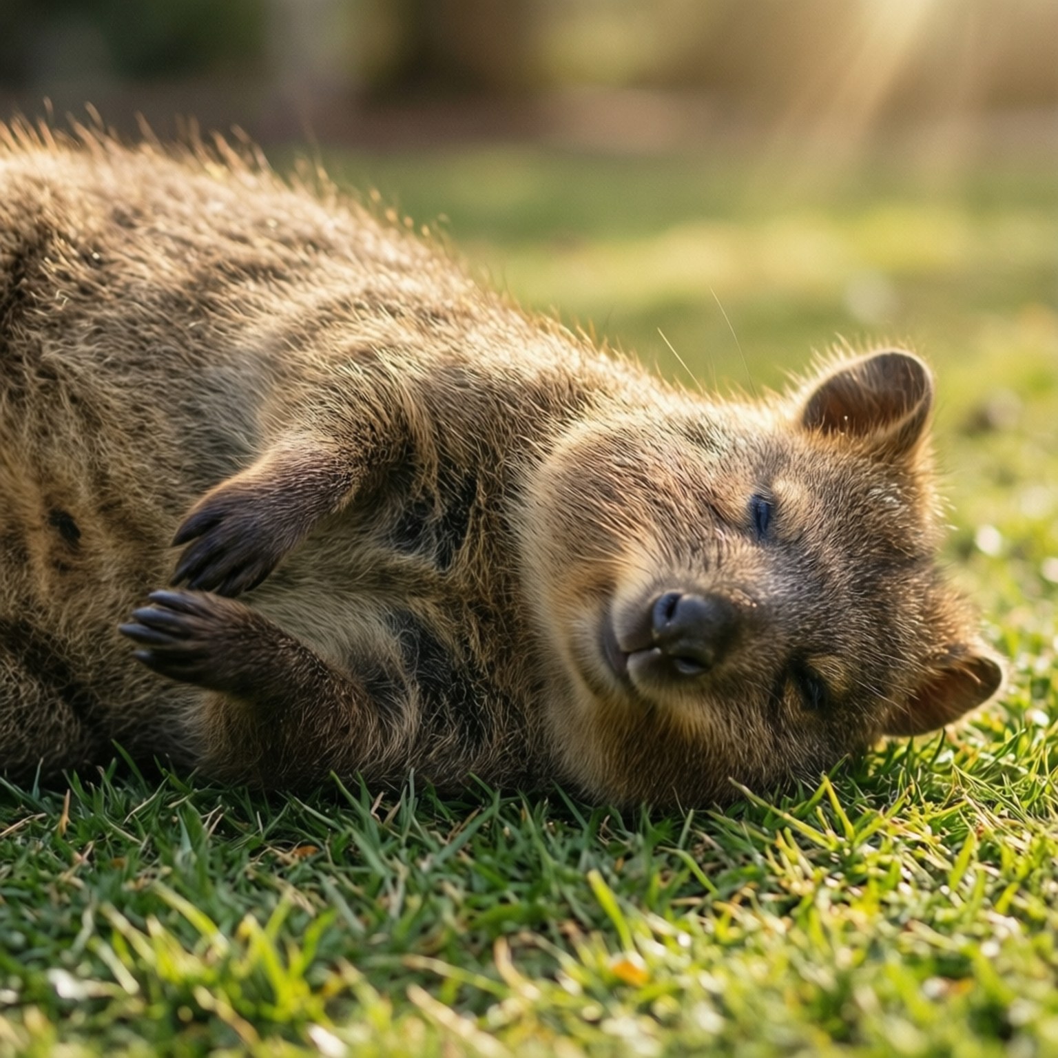 Relaxed Quokka Belly 壁紙 — 一隻短尾矮袋鼠在沐浴著溫暖金色陽光的鮮綠草地上幸福地睡著。