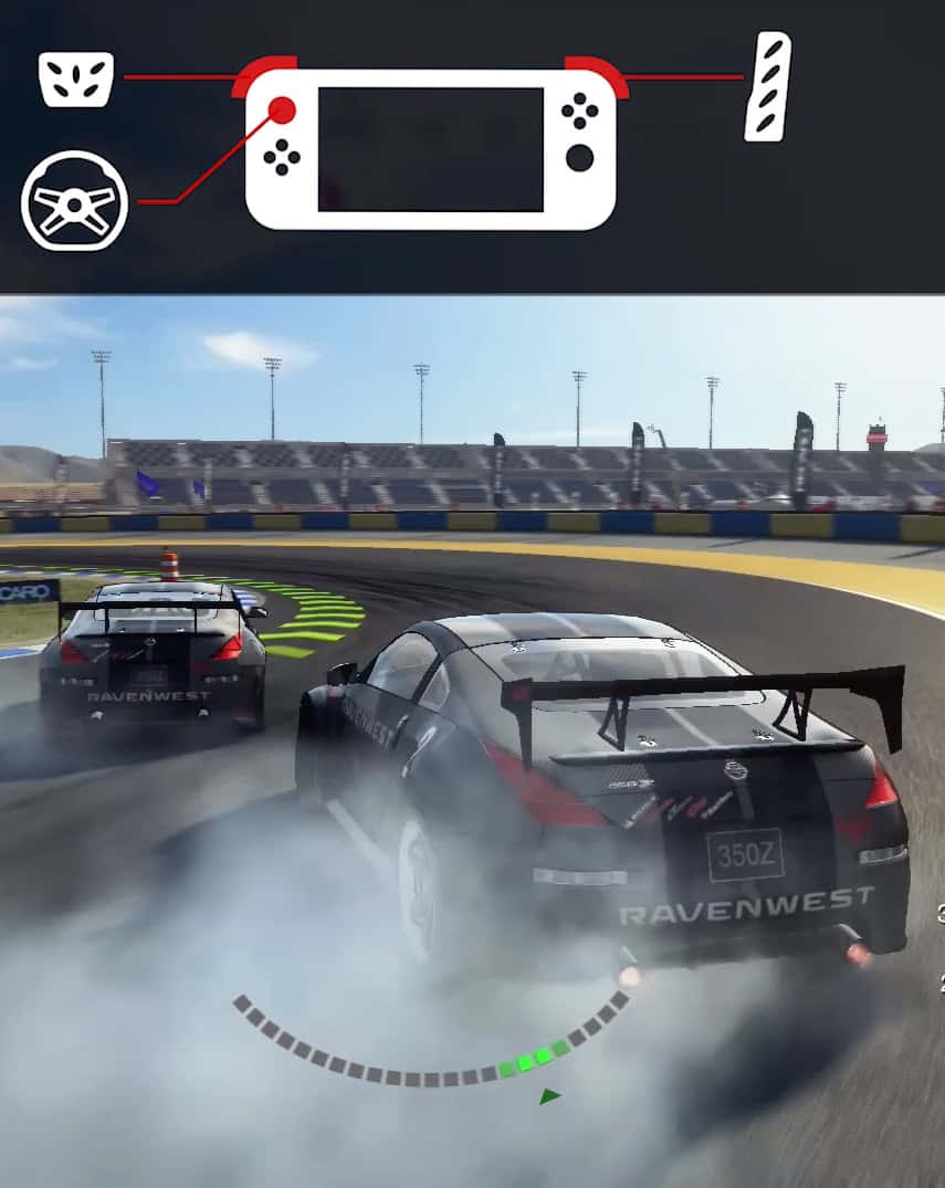 兩輛賽車在賽道上漂移，並帶有Nintendo Switch控制器介面疊加層。 — iPhone X 壁紙