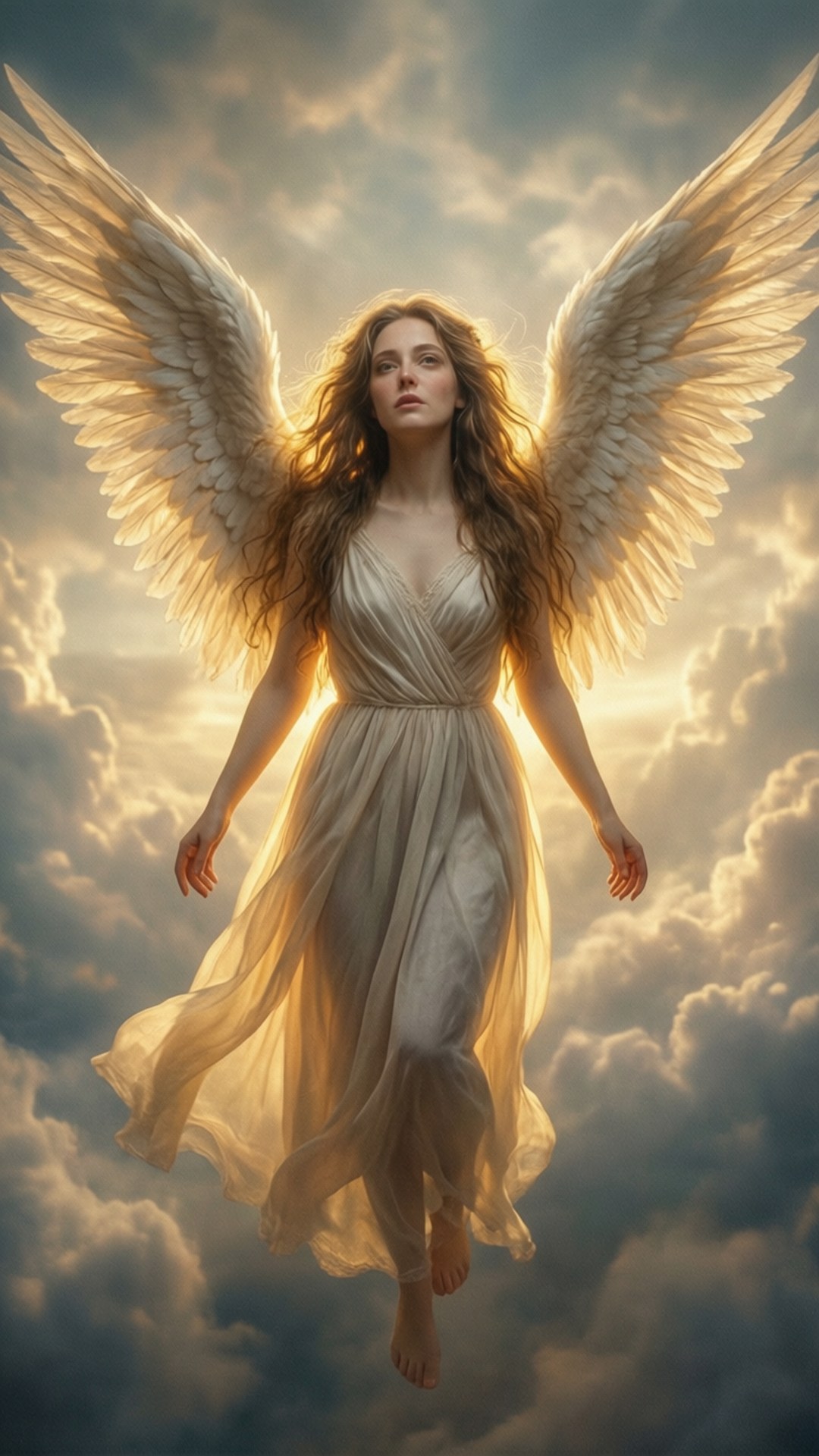 Angel Wings 壁紙 — 一位光芒四射的天使，擁有寬闊的白色翅膀，在充滿翻滾雲彩的戲劇性金色日落天空中寧靜地漂浮。