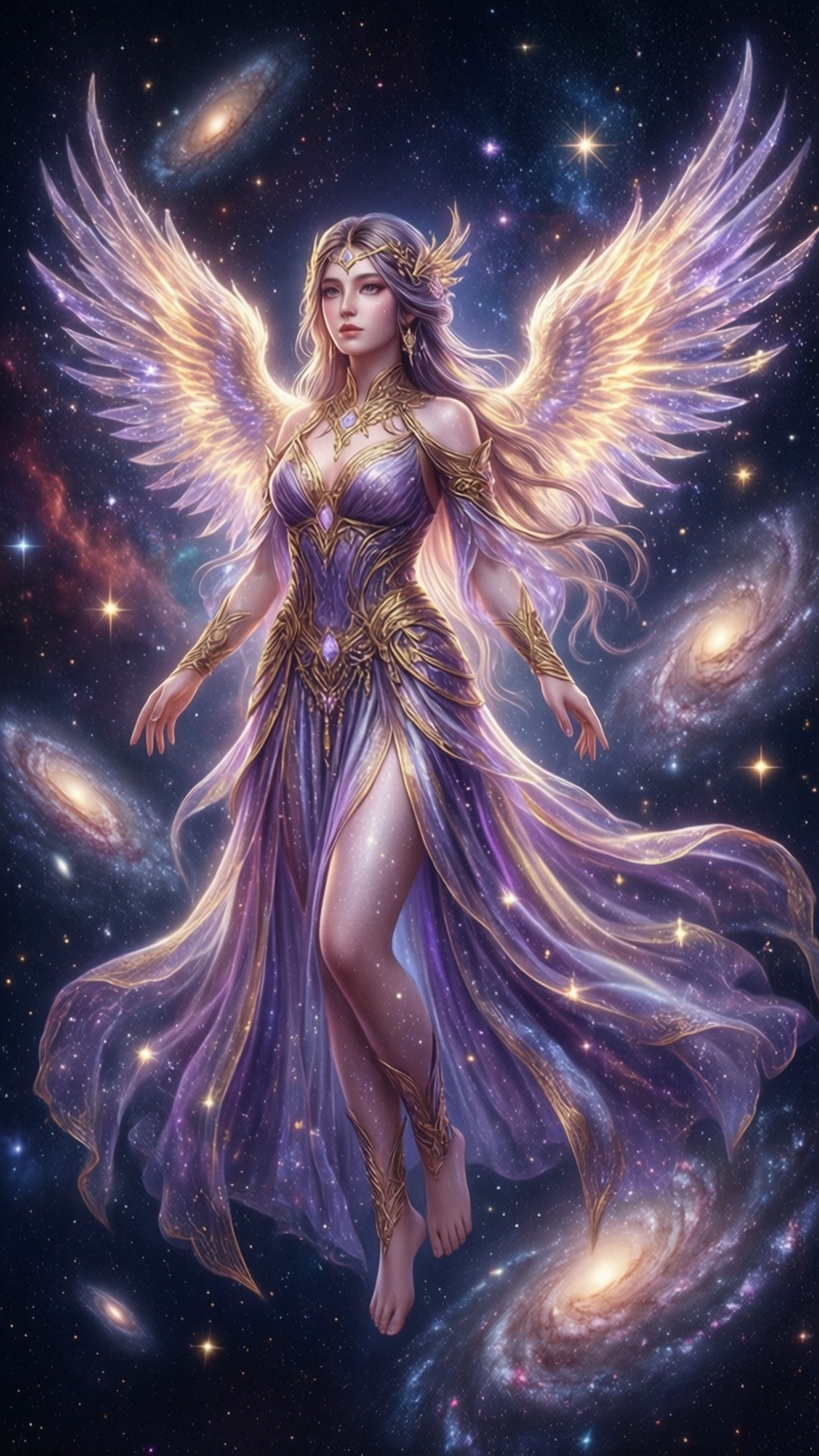Celestial Goddess 壁紙 — 一位閃耀的天使，金色翅膀和紫色長袍，漂浮在旋轉的星系和發光的星星之間。
