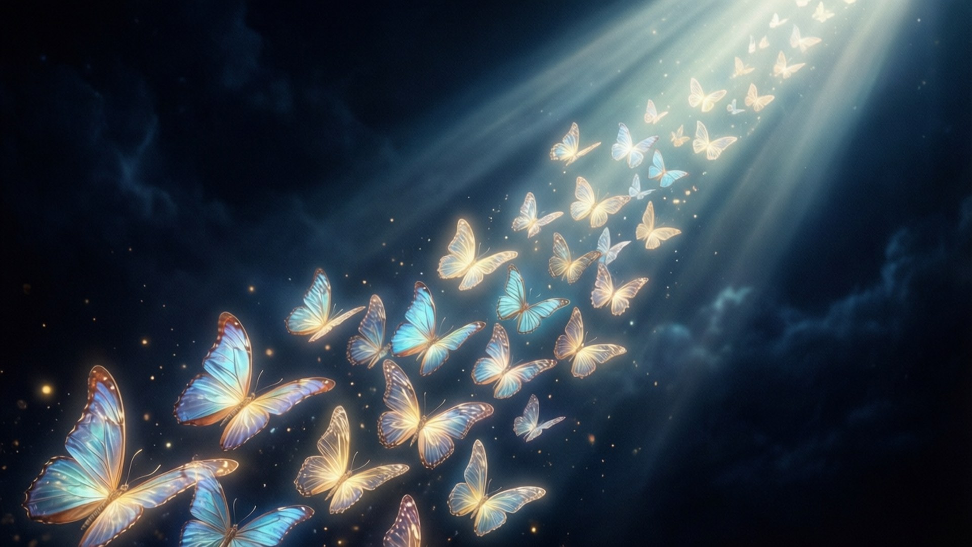 Butterflies to Heaven 壁紙 — 一道耀眼的光束穿透烏雲，照亮一群閃爍藍光的蝴蝶，在繁星點點的夜空中飛升。