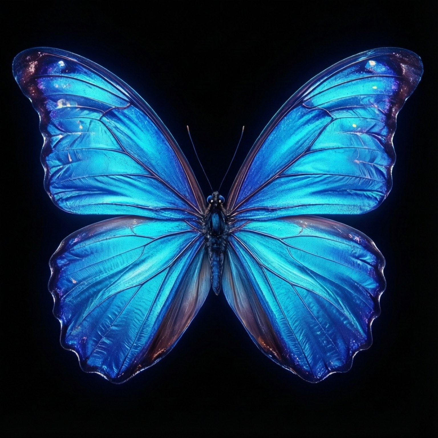 一隻藍色閃蝶，翅膀發光，在黑色背景上 — Amoled 壁紙