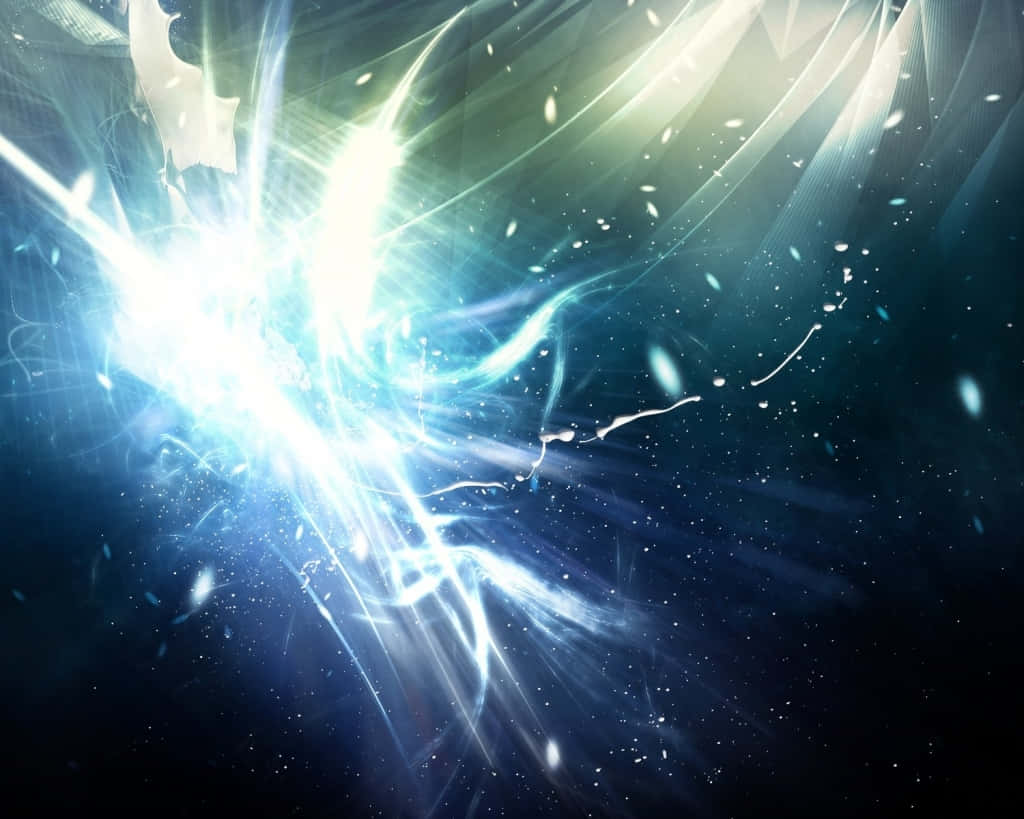  壁紙 — 一道耀眼的藍白能量爆炸，伴隨著流動的光線和漂浮的粒子，衝破宇宙的黑暗。