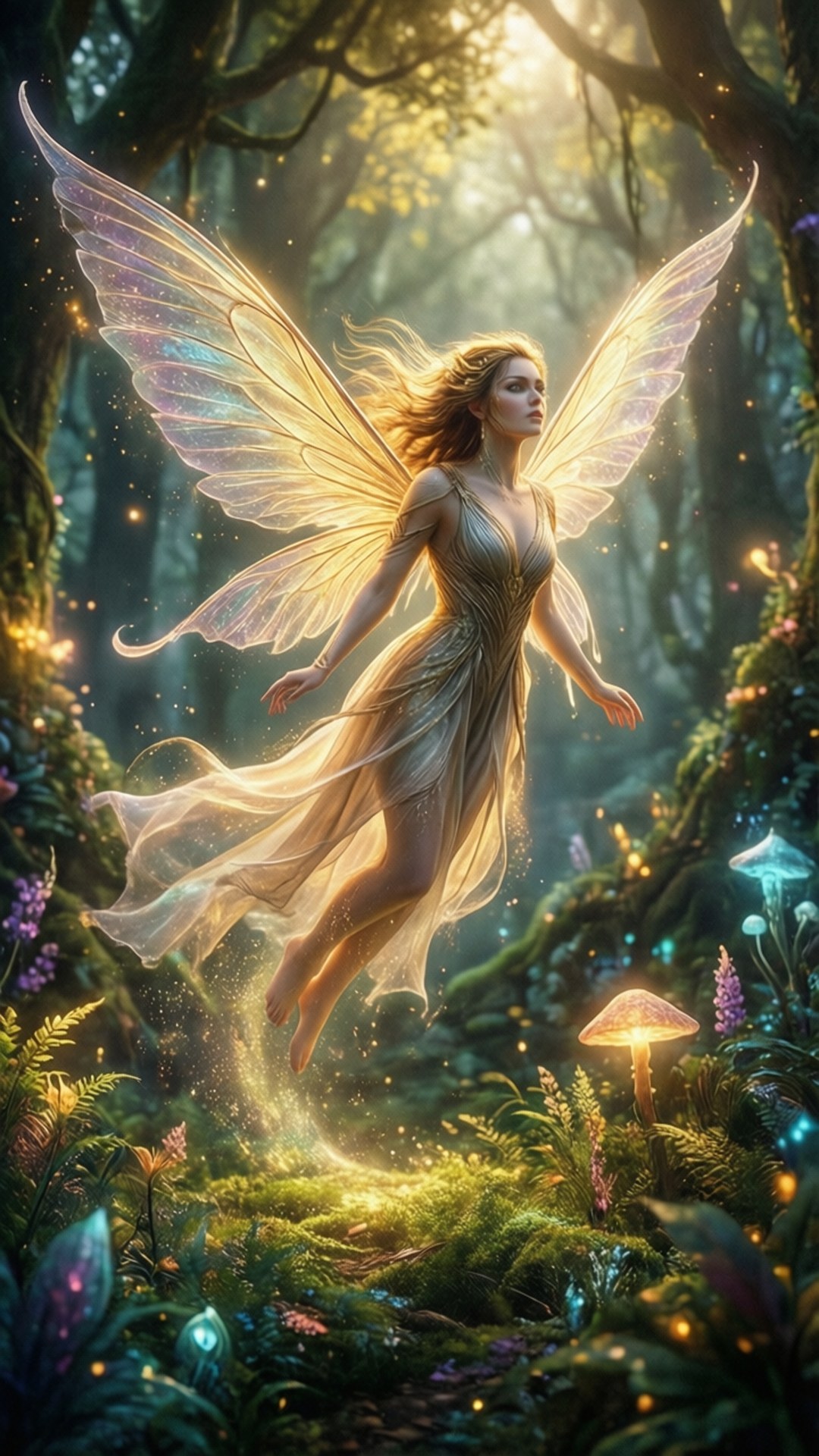 Sylphiette Angelic 壁紙 — 一位閃耀的仙女，擁有發光的半透明翅膀，寧靜地漂浮在充滿發光蘑菇和生機勃勃植物的陽光魔法森林中。