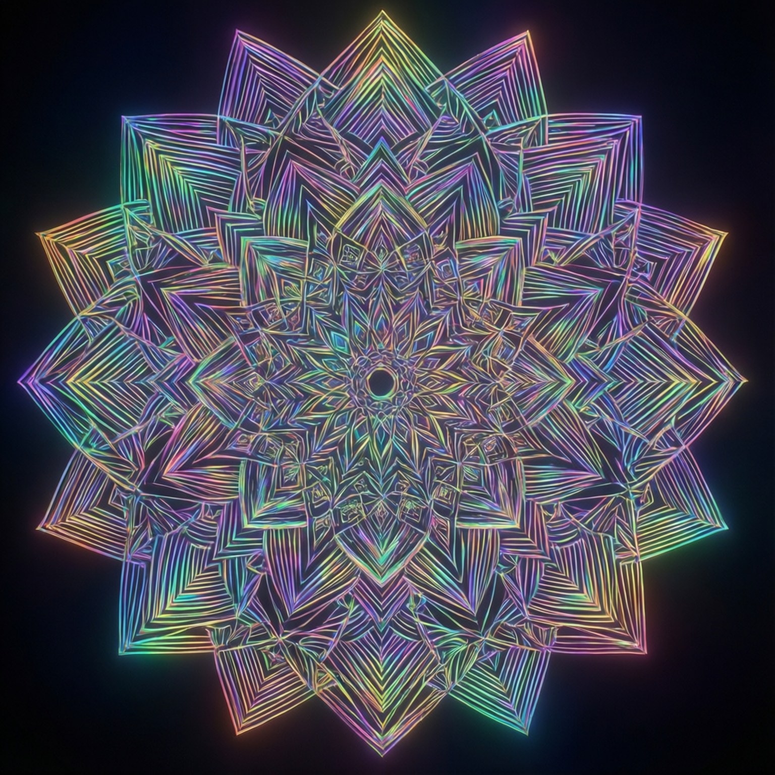 Holographic Mandala Glow 壁紙 — 一個發光的幾何曼陀羅，帶有霓虹彩虹線條，在黑色背景上向外輻射。