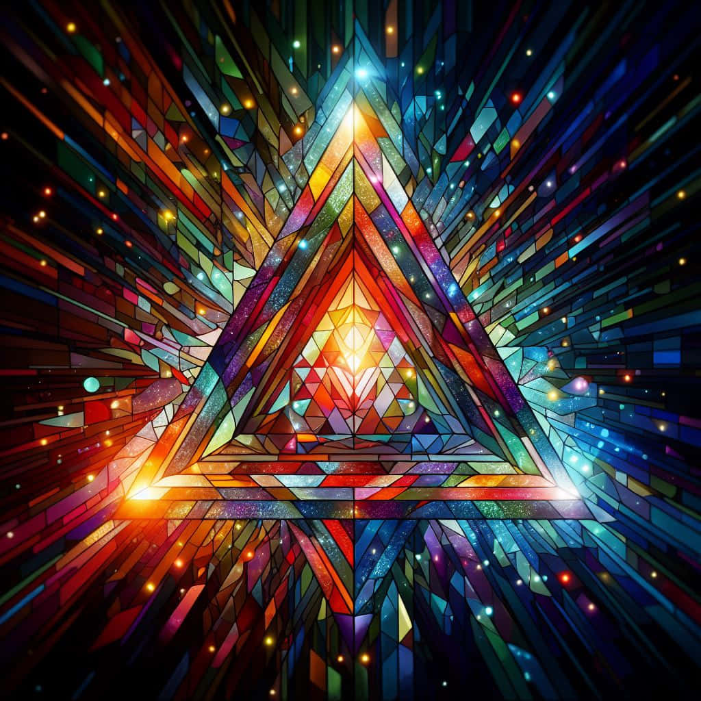  壁紙 — 一個由彩色玻璃碎片組成的閃耀幾何三角形，在黑暗的宇宙背景下散發光芒。
