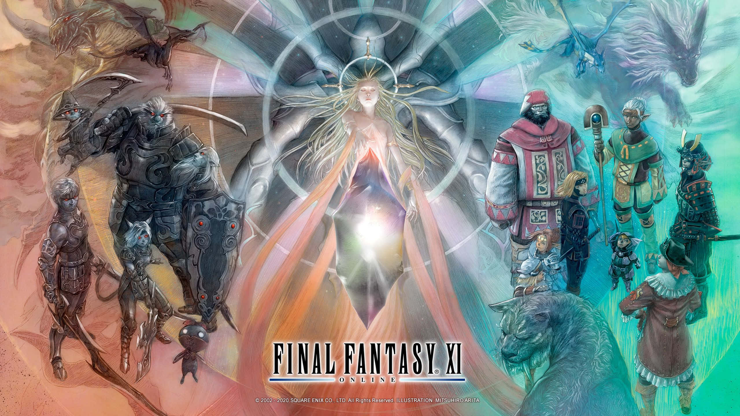 Final Fantasy Xi 桌布 壁紙 — 一位光芒四射的女神，長髮飄逸，光環閃耀，站在中央，周圍是各種奇幻戰士和神話生物，構成充滿活力的史詩場景。