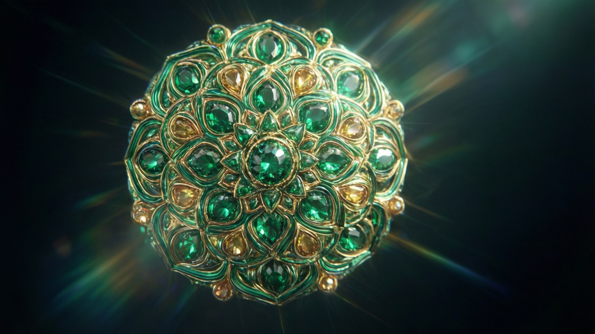 Jeweled 3D Mandala 壁紙 — 一個閃閃發光的金色圓形胸針，飾有祖母綠和琥珀寶石，在帶有光線的黑暗背景下發光。