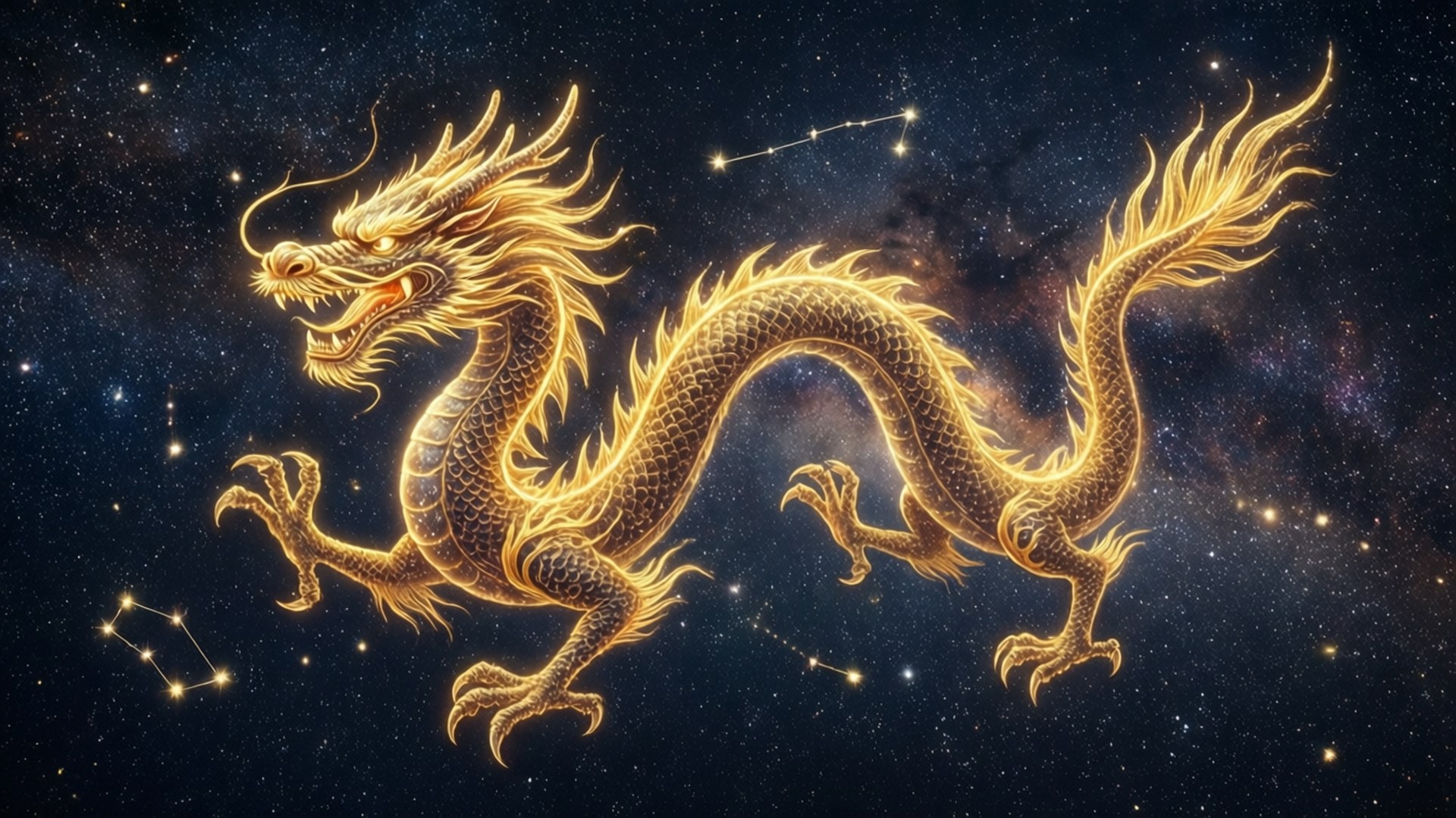 Constellation Dragon 壁紙 — 一條閃耀的金龍，帶有發光的鱗片和飄逸的鬃毛，在可見星座的星空宇宙背景下動態翱翔。