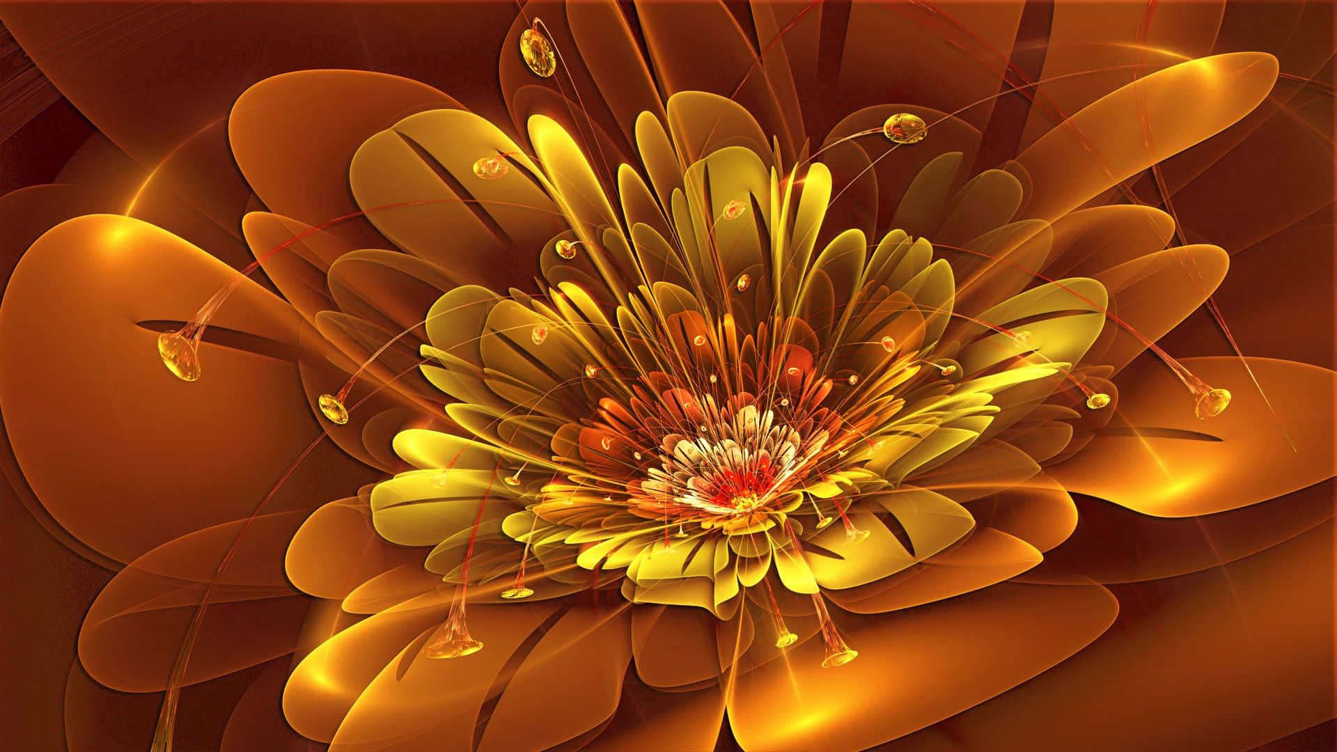 Abstract Rose 桌布 壁紙 — 一朵燦爛的金色碎形花朵在溫暖的琥珀色背景上綻放，帶有發光的花瓣和複雜的光跡。