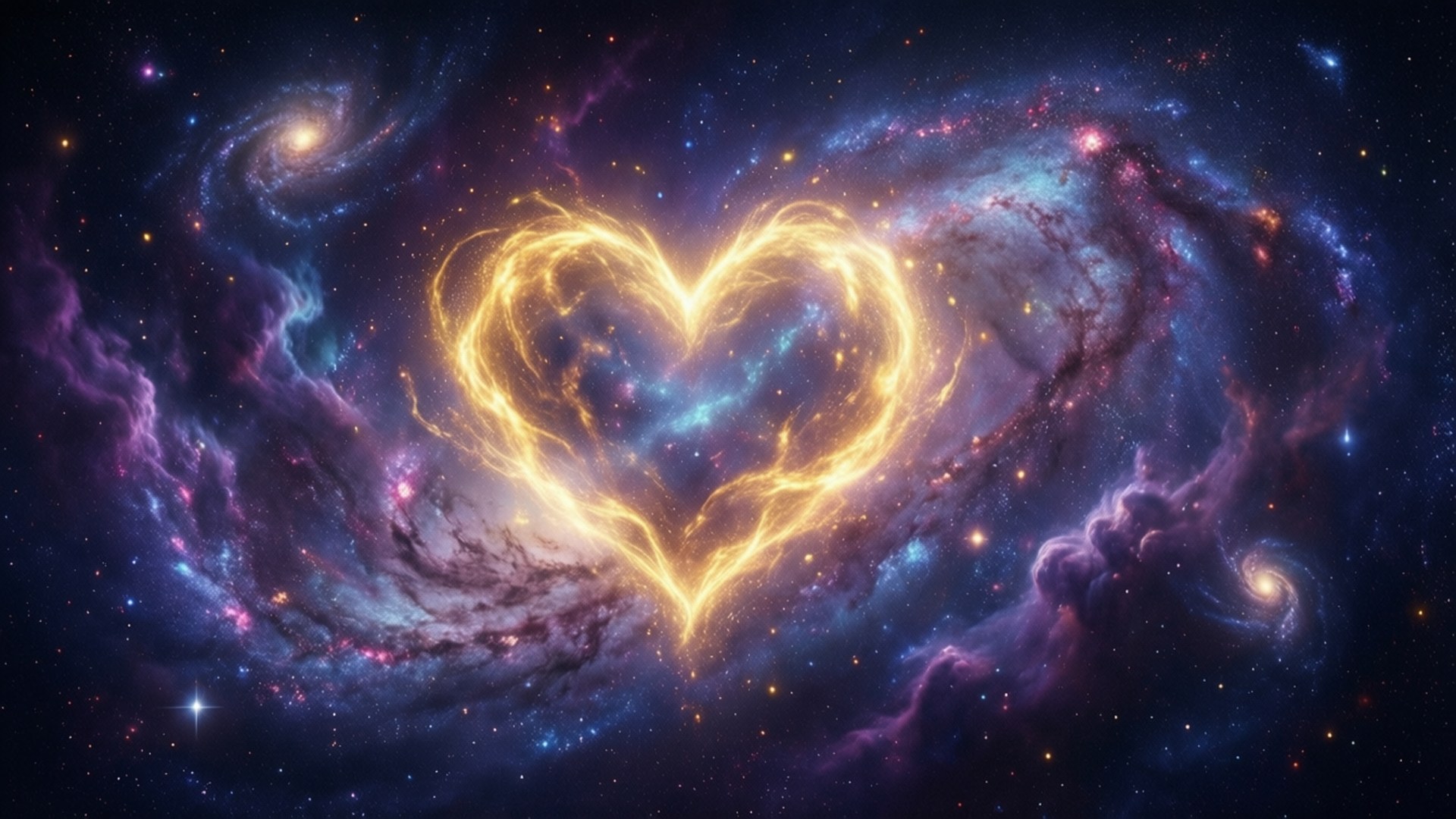 Thank You Universe 桌布 壁紙 — 一個閃爍的金色心形星雲在充滿紫色和藍色雲層及遙遠恆星的旋轉宇宙星系中心發光。