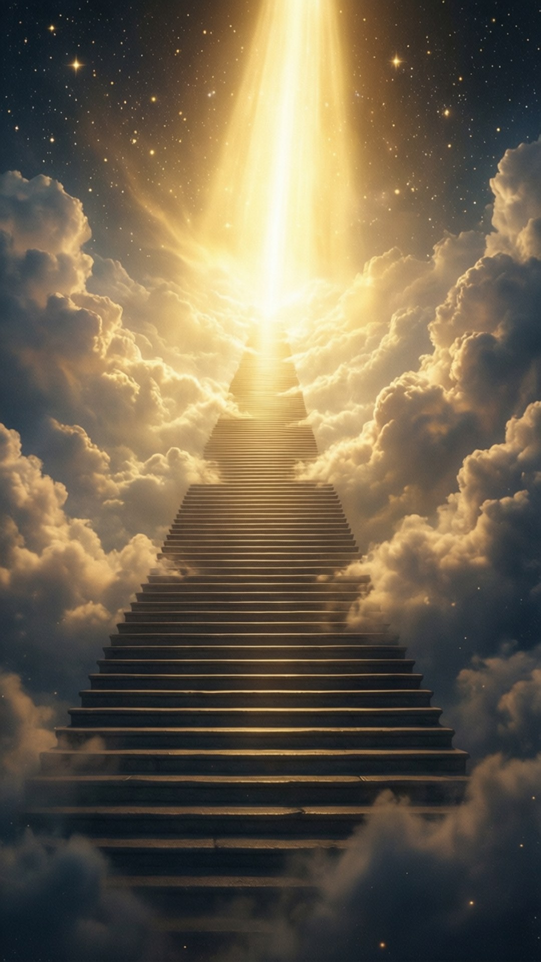 Stairway to Light 壁紙 — 一道閃耀的金色樓梯穿過翻滾的雲層，朝向星空夜空中的天體光源上升。