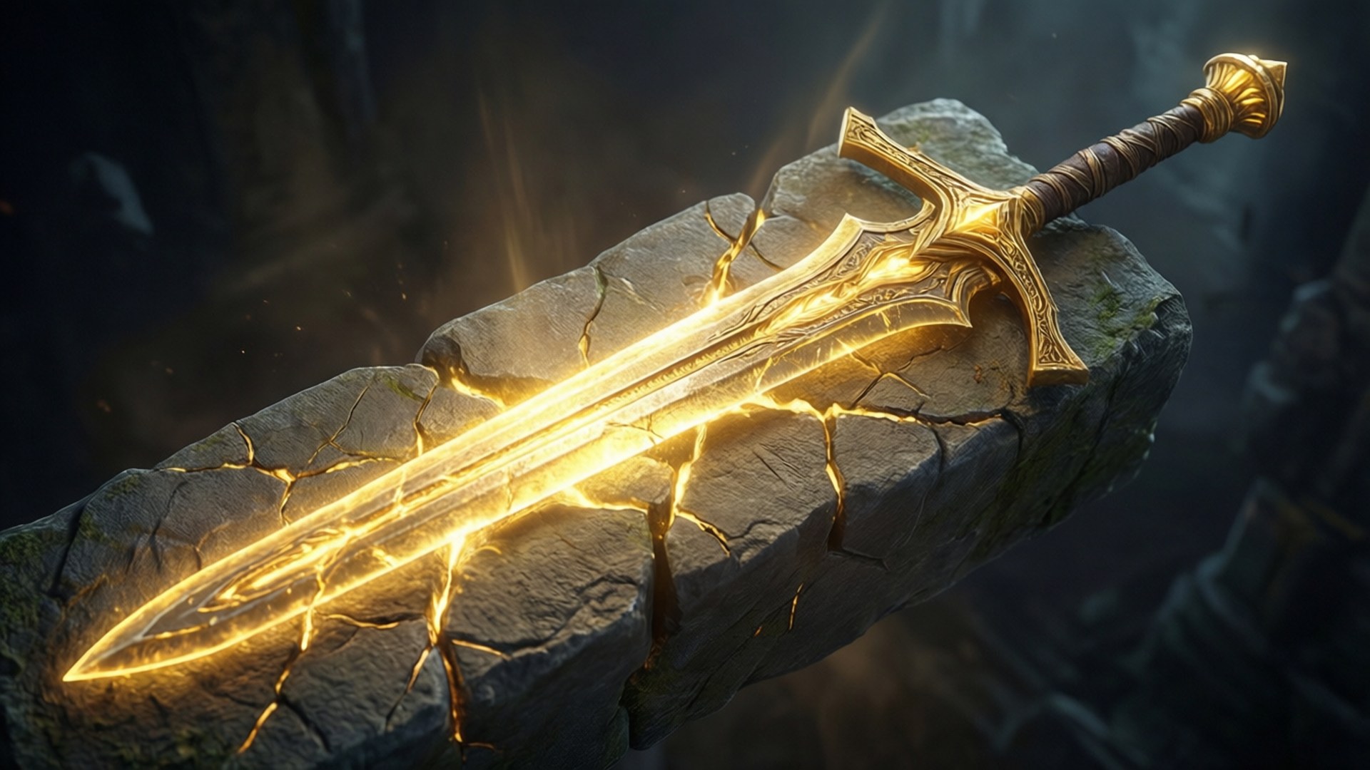 Sword of Daylight 壁紙 — 一把閃耀的金色劍，帶有複雜的劍柄，在黑暗洞穴中放在裂開的石板上，發出強烈的光芒。