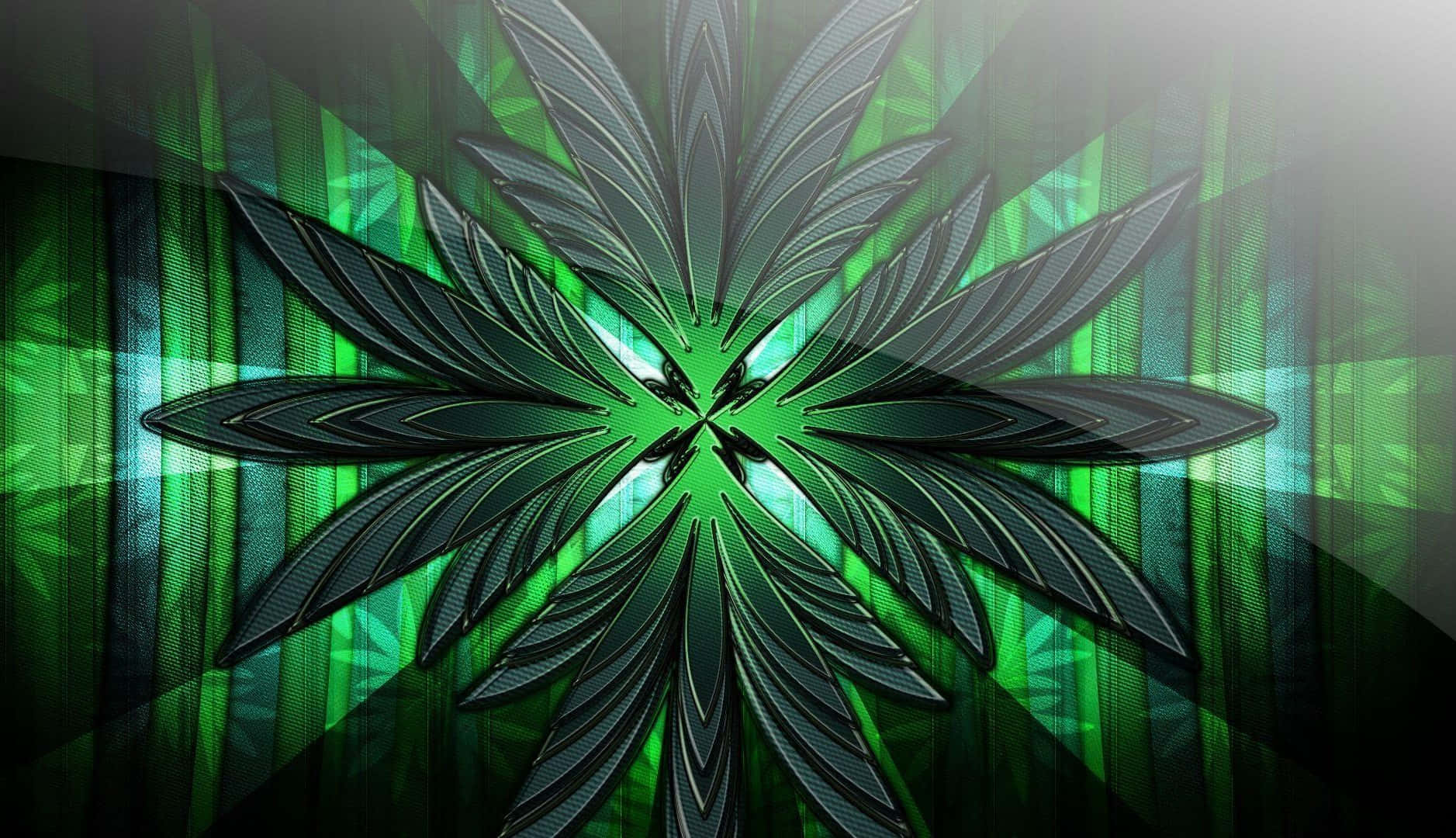  壁紙 — 一個發光的綠色碎形葉片圖案，在發光的漸層背景上向外輻射。
