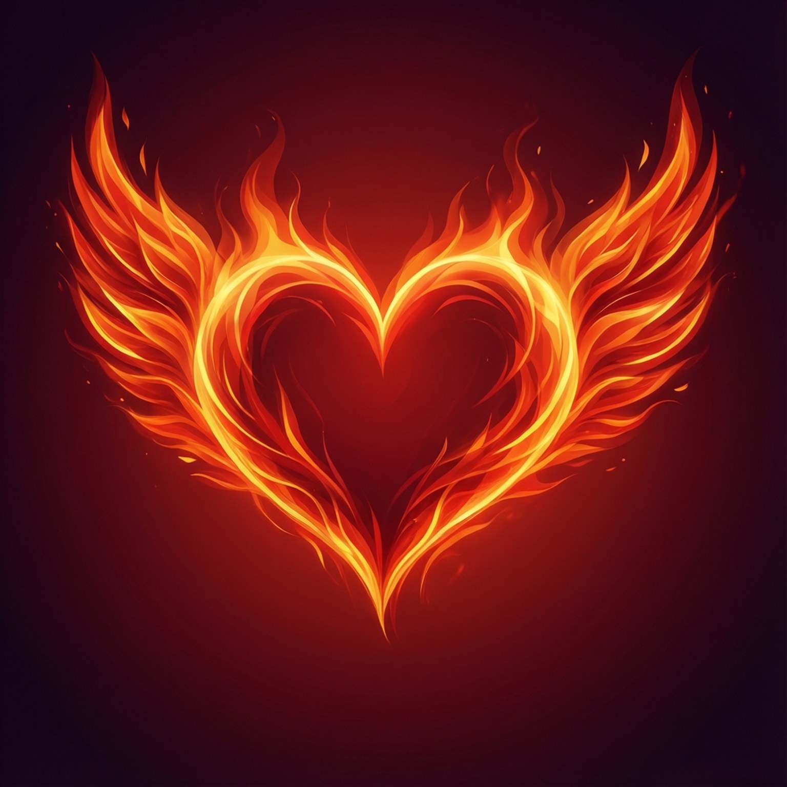 Heart of Fire Wings 壁紙 — 一顆放射狀的心形火焰，帶有發光的橙色翅膀，背景為深紅色。