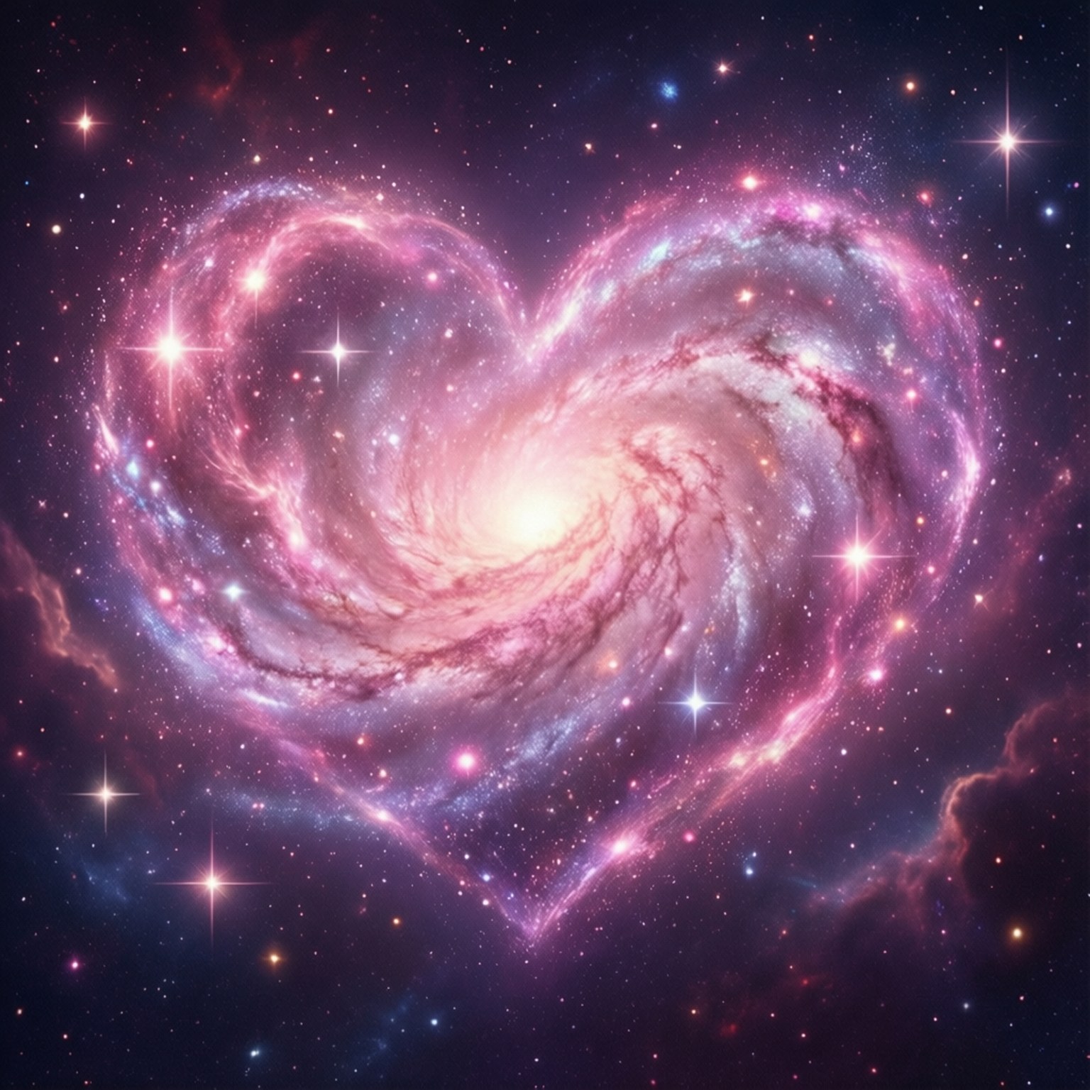 Heart Galaxy Love 壁紙 — 一個閃爍的心形星系在繁星點點的宇宙背景下旋轉著粉紅色和紫色的星雲。