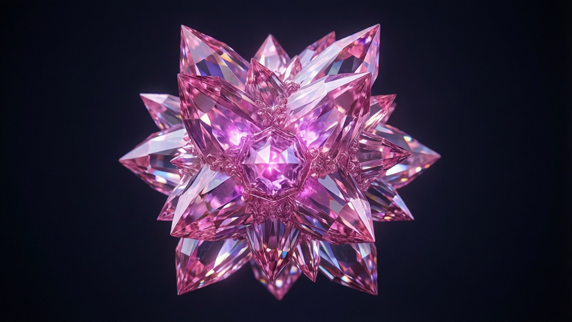 Glowing Crystal Cluster 壁紙 — 一朵帶有銳利刻面的閃亮粉紅色水晶花在黑暗背景上發光。