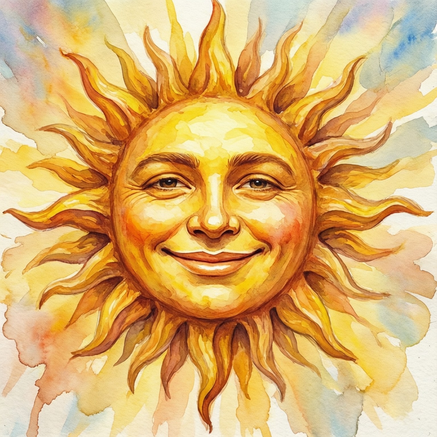 Smiling Sun Watercolor 壁紙 — 一個燦爛的水彩太陽，帶有歡樂的人臉，在柔和粉彩的天空中散發金色光芒。