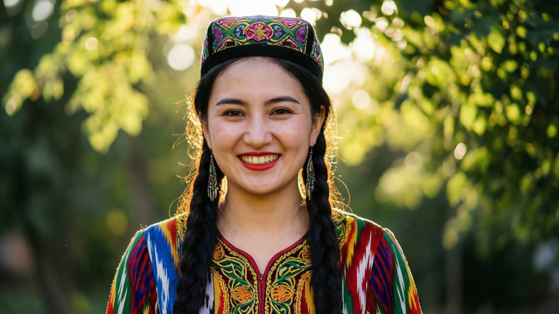 Uzbek Beauty in Atlas 壁紙 — 一位光彩照人的女性身著鮮豔的傳統服飾，在陽光明媚的綠色樹葉背景下溫暖微笑。