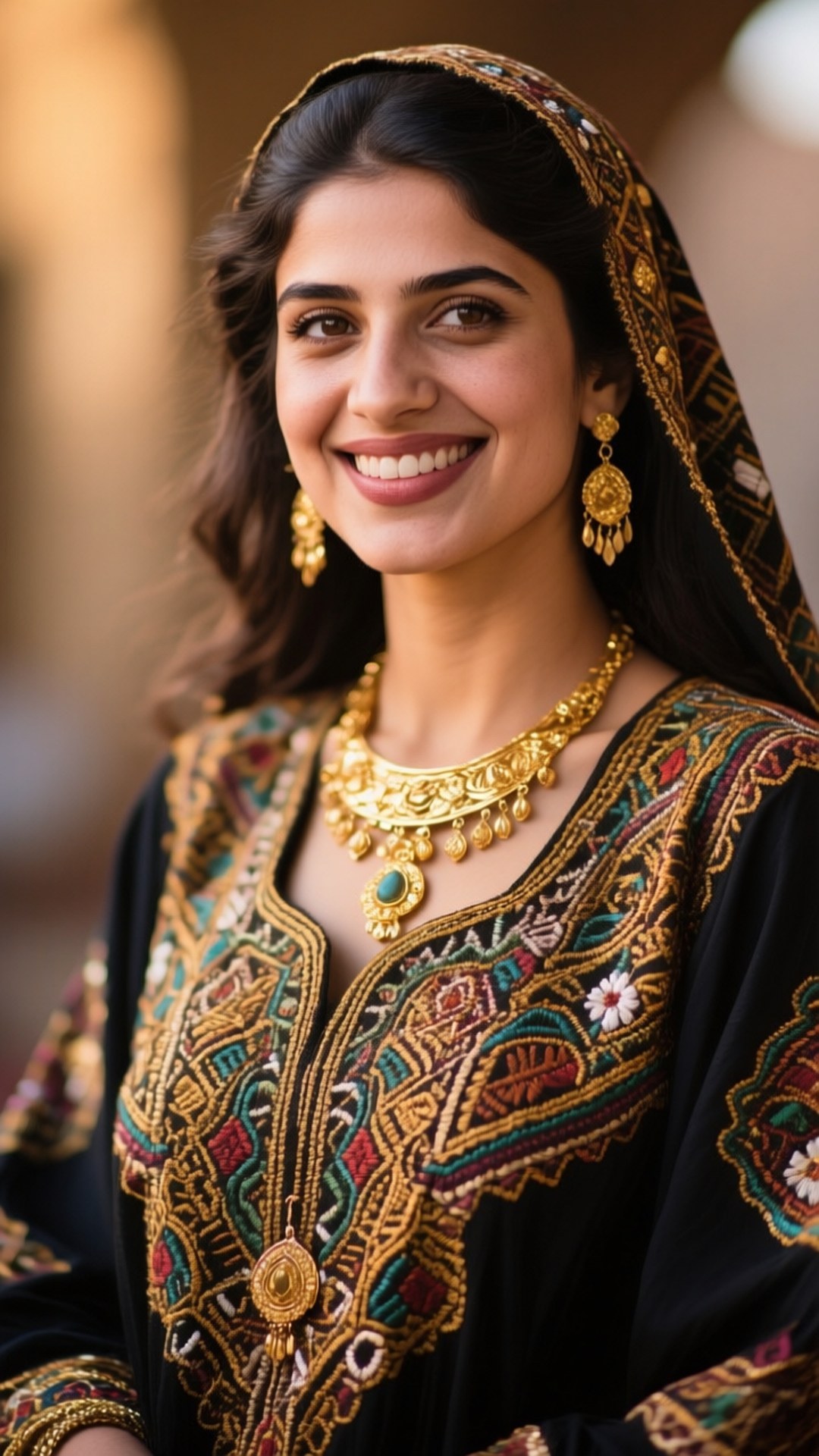 Iraqi Woman in Tradition 壁紙 — 一位容光煥發的女性溫暖地微笑，佩戴華麗的金飾和帶有花卉圖案的黑色刺繡傳統連衣裙。