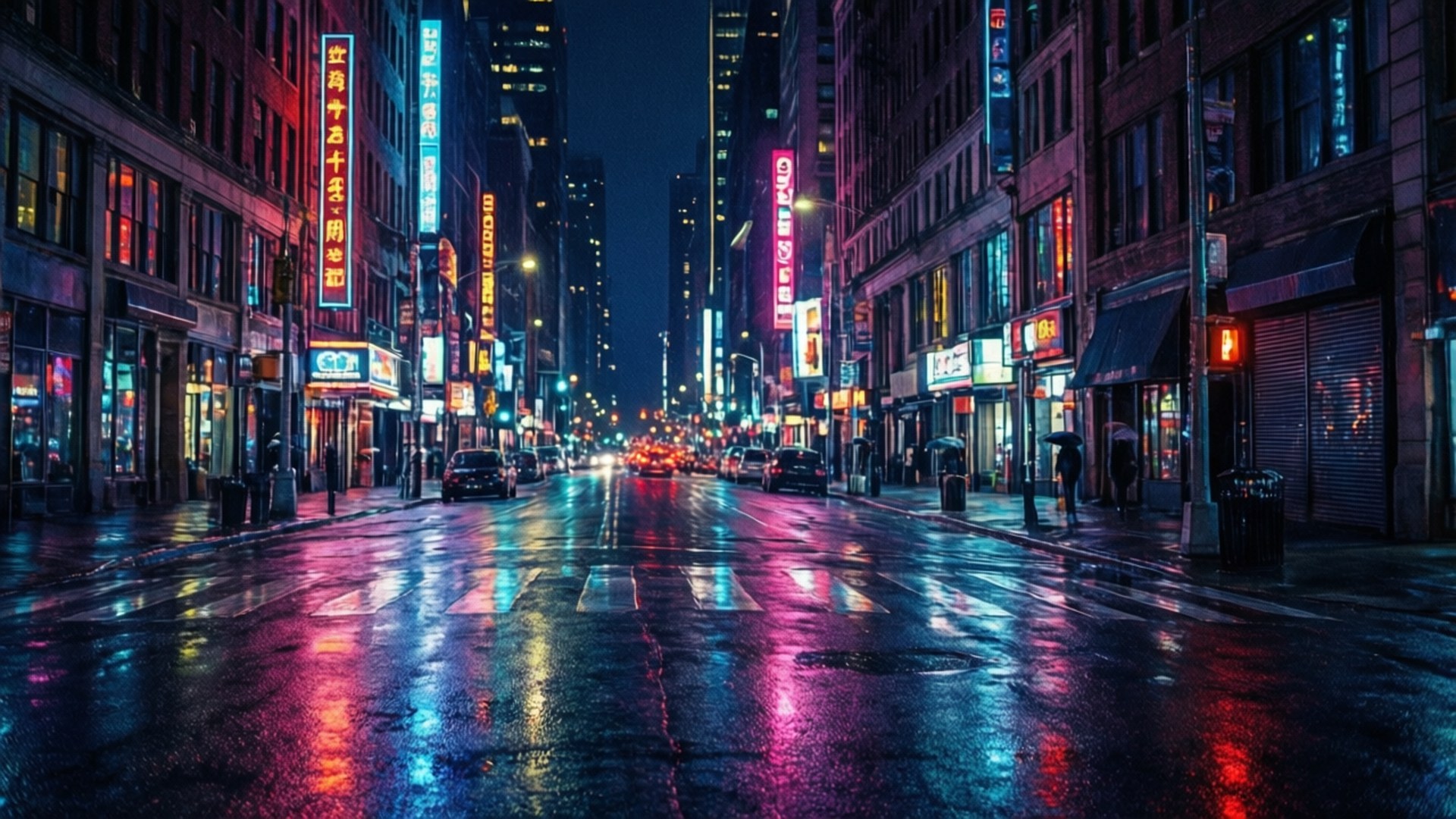 夜晚濕漉漉的城市街道反射出周圍建築物多彩的霓虹燈光。 — iPad 壁紙