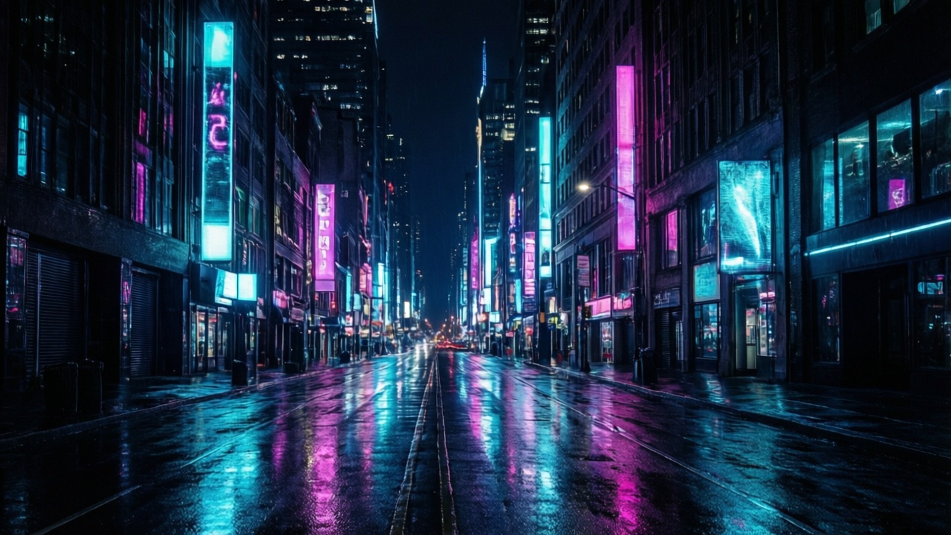 夜間潮濕的城市街道，霓虹燈光在人行道上閃爍反射。 — Oled 壁紙
