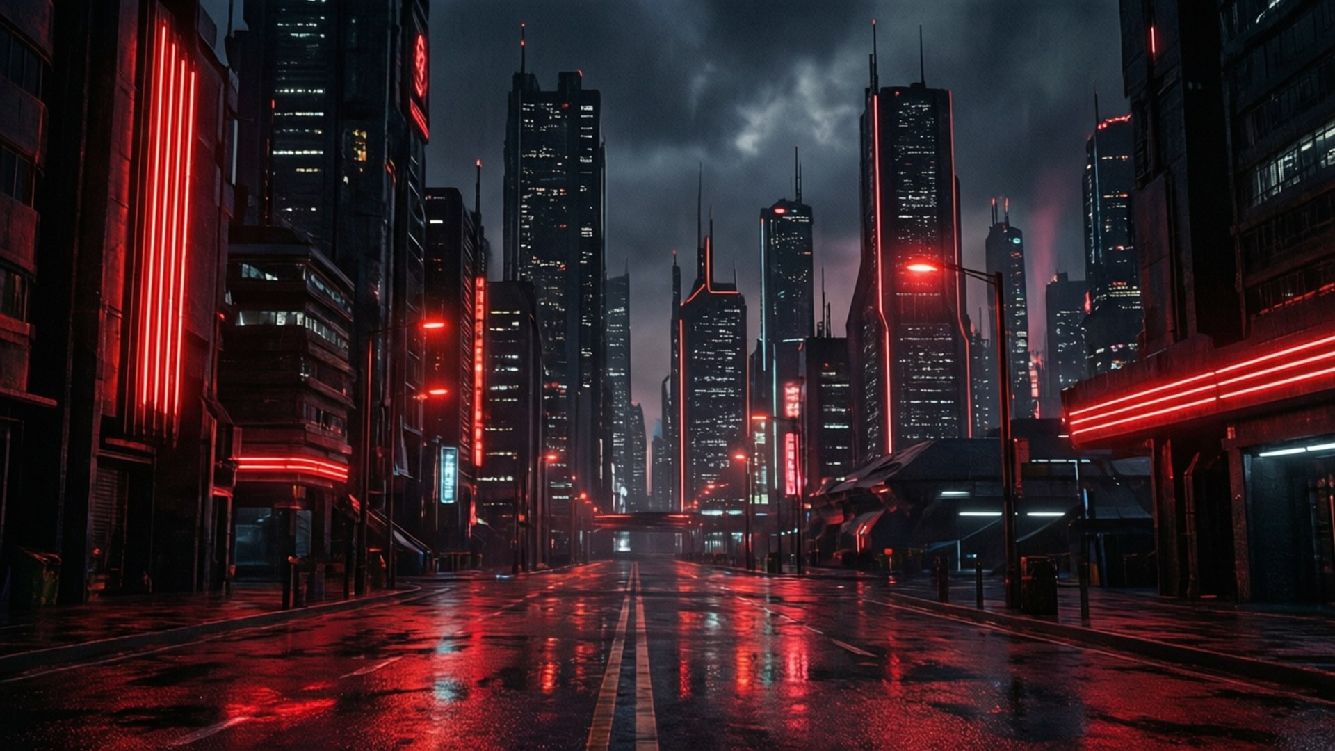 Neon Noir 壁紙 — 一條被雨水浸濕的賽博龐克街道，在暴風雨的夜空下，映照出閃爍的紅色霓虹燈牌，背後是高聳的黑暗摩天大樓。