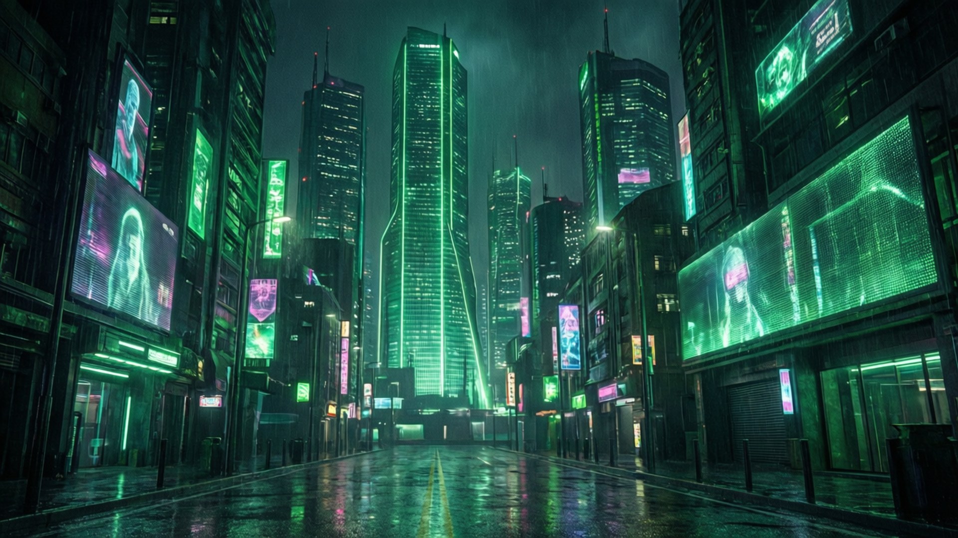 Cyberpunk Green 壁紙 — 一條被雨水浸透、霓虹燈照亮的 cyberpunk 城市街道，夜晚有高聳的摩天大樓和發光的全息廣告牌。