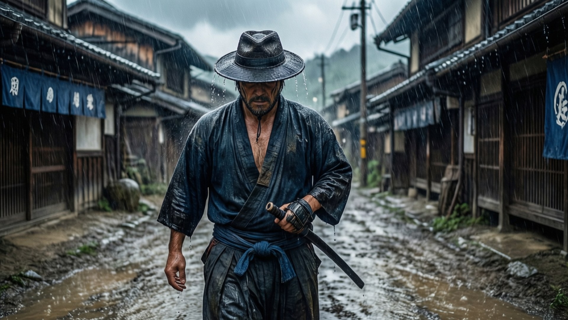Ronin 桌布 壁紙 — 一位渾身濕透的武士，腰間佩帶武士刀，走在泥濘的傳統日本街道上。