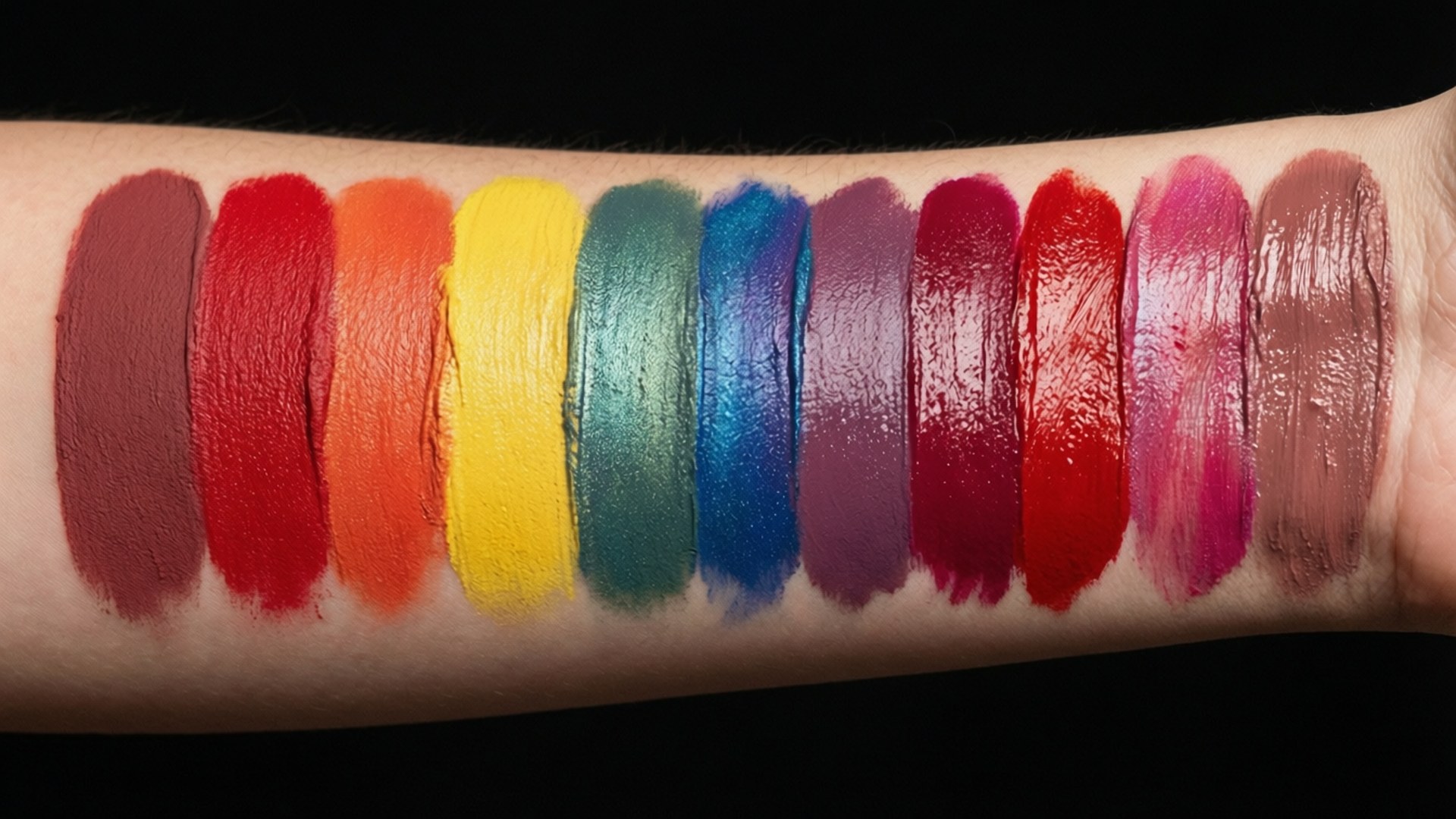 Lipstick Swatch Rainbow 壁紙 — 在黑色背景前，一個人前臂上整齊排列的鮮豔唇膏試色彩虹。