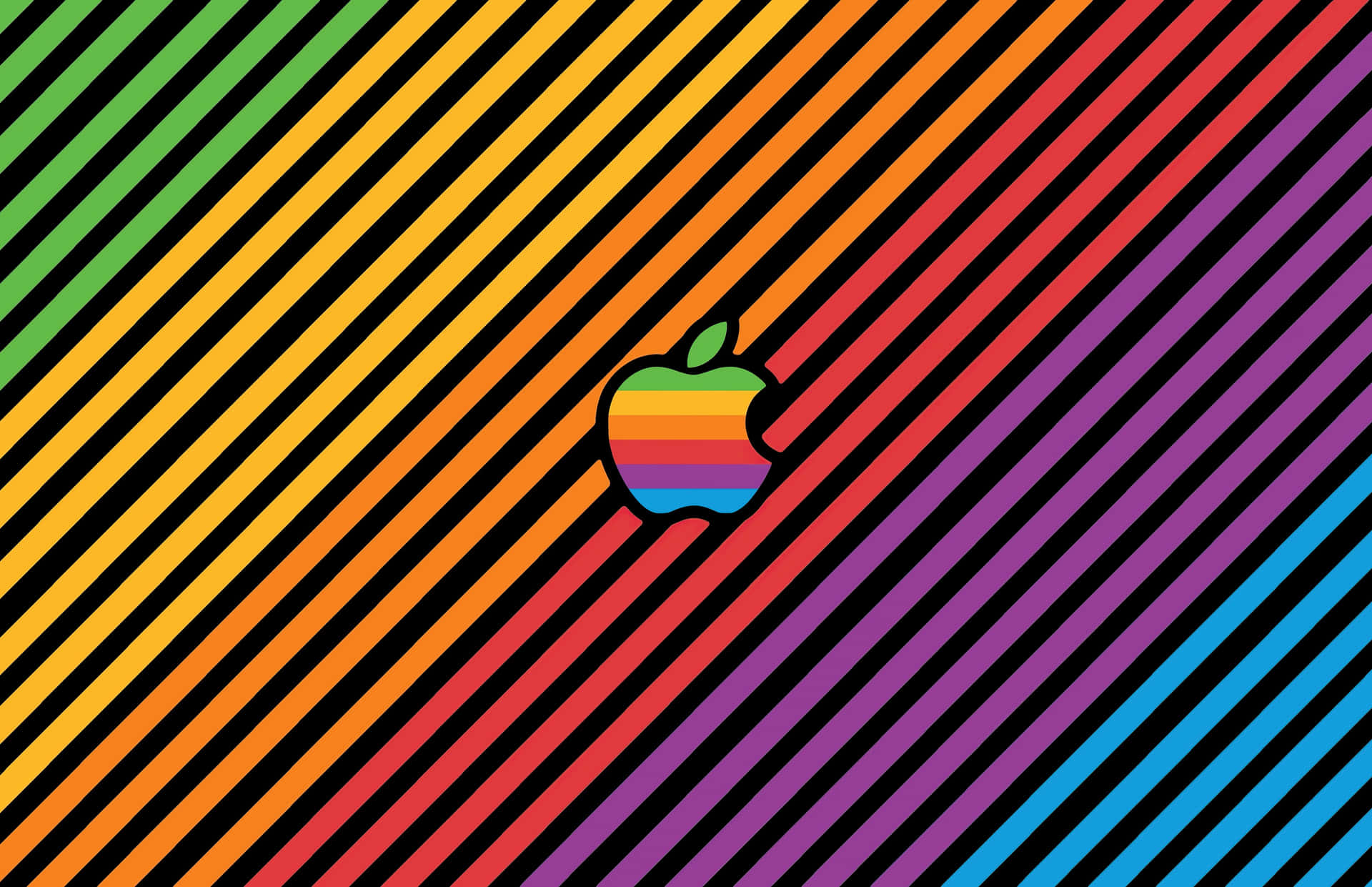 對角彩虹條紋背景上的彩虹Apple標誌。 — Macbook Pro 壁紙