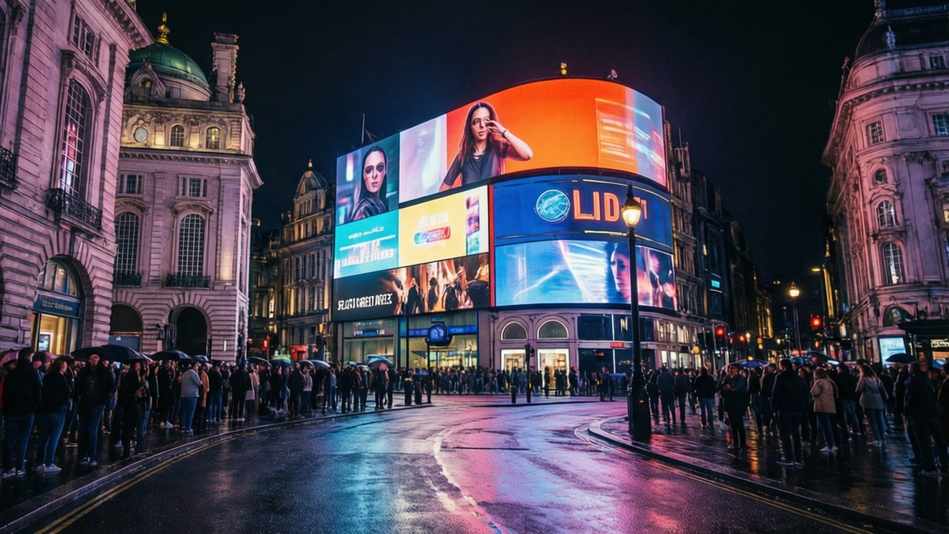 Neon Piccadilly 壁紙 — 倫敦皮卡迪利圓環的雨夜，人群聚集在發光的數位廣告牌下，廣告牌倒映在濕漉漉的人行道上。
