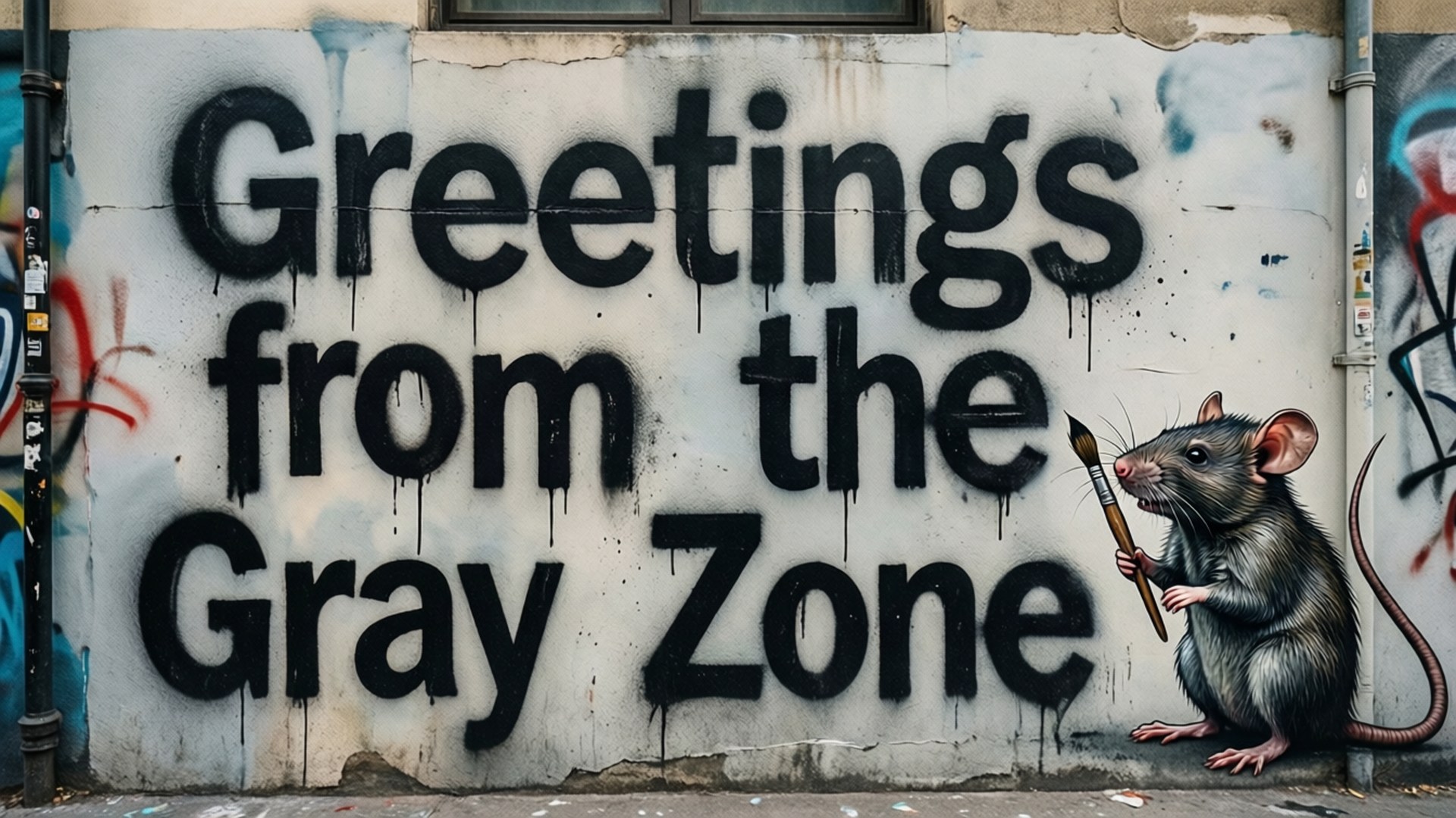 Greetings Gray Zone Graffiti 壁紙 — 一隻老鼠拿著畫筆，站在風化的城市牆上，旁邊是粗體黑色塗鴉文字「Greetings from the Gray Zone」。