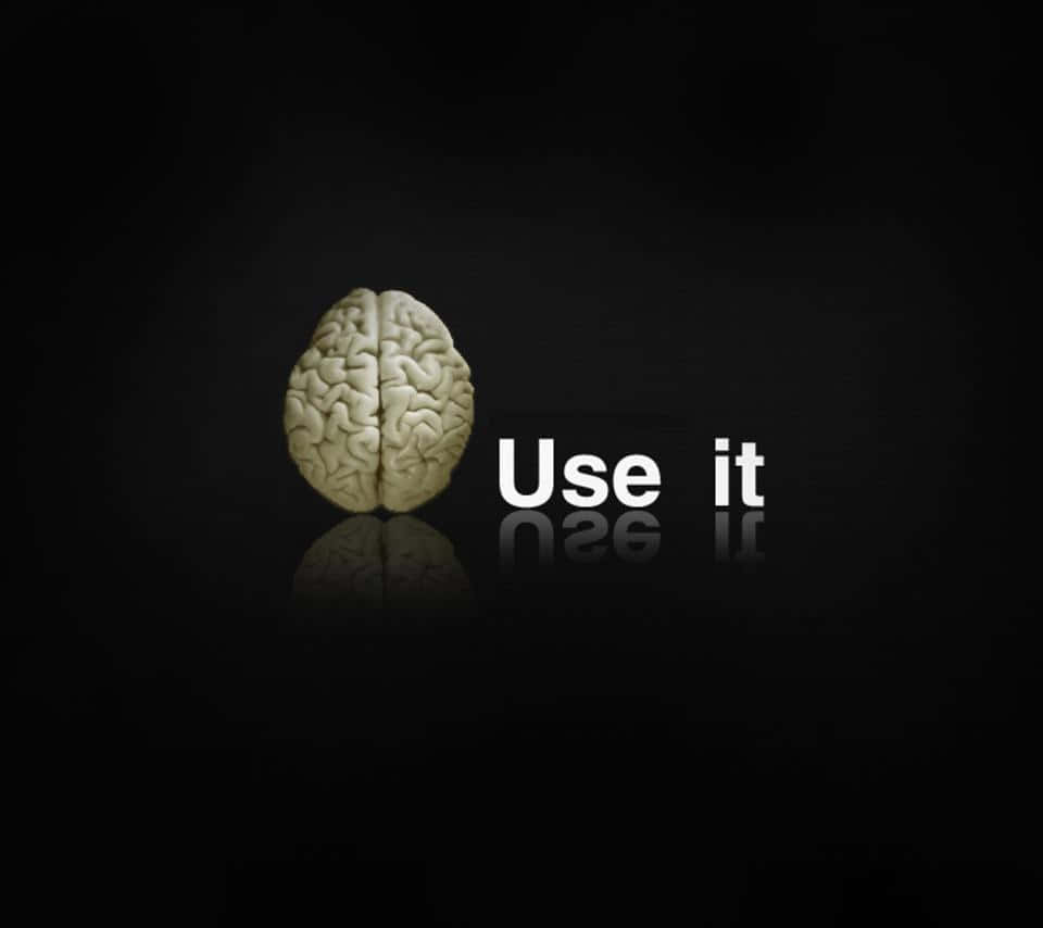 一個大腦模型，在反光的黑色背景上有「Use it」文字。 — 3D 壁紙