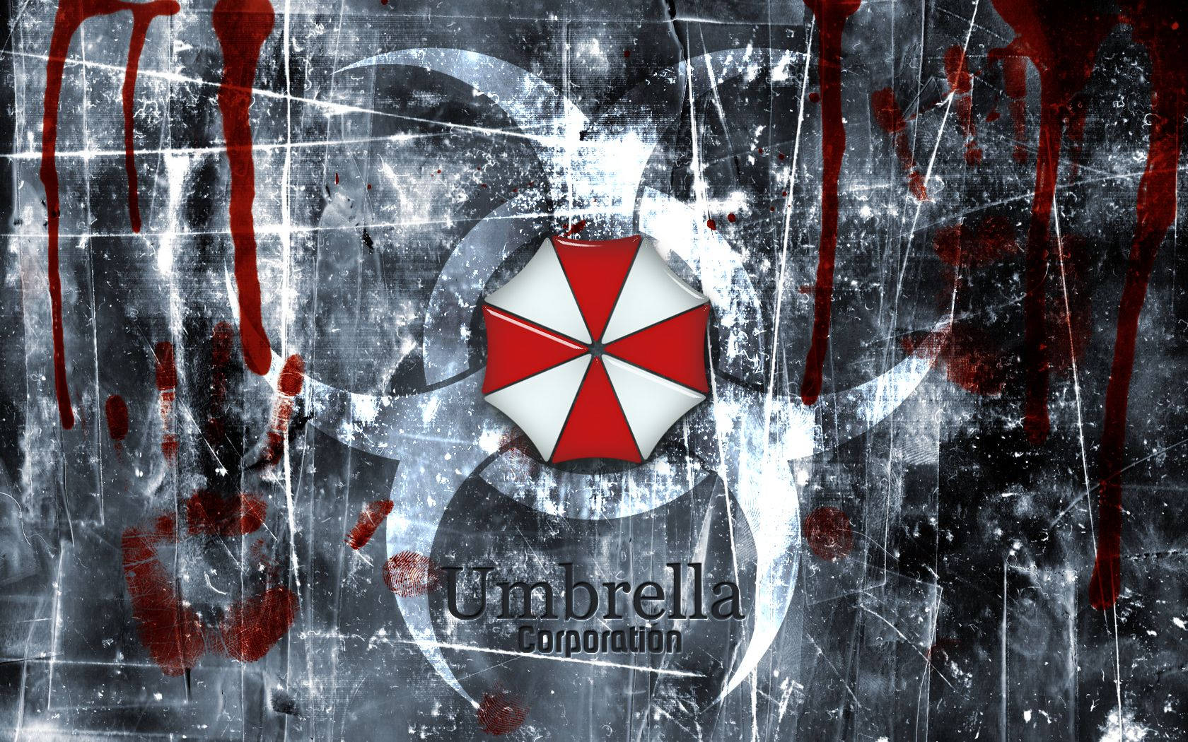evil 桌布 壁紙 — Umbrella Corporation 的紅白雨傘標誌位於一個粗糙的牆壁中央，牆上濺有血跡並有白色油漆刮痕。